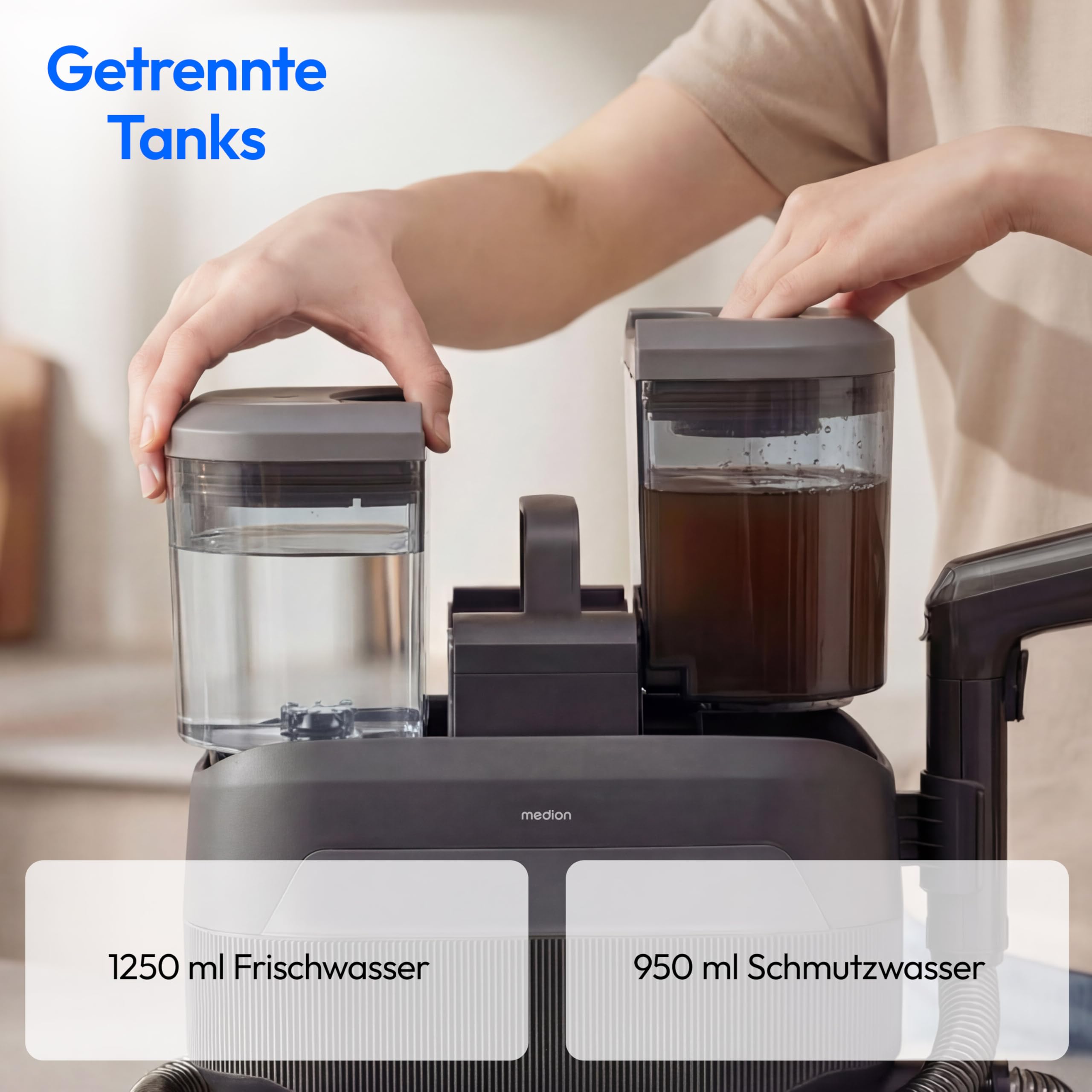 MEDION X10 UC Polsterreiniger Gerät Waschsauger (Nasssauger für Polster Teppiche Autositze, 1.650 Watt, Kaltwasser Heißwasser Dampf, Frisch und Schmutzwassertank, Fenster-Aufsatz, MD100123)