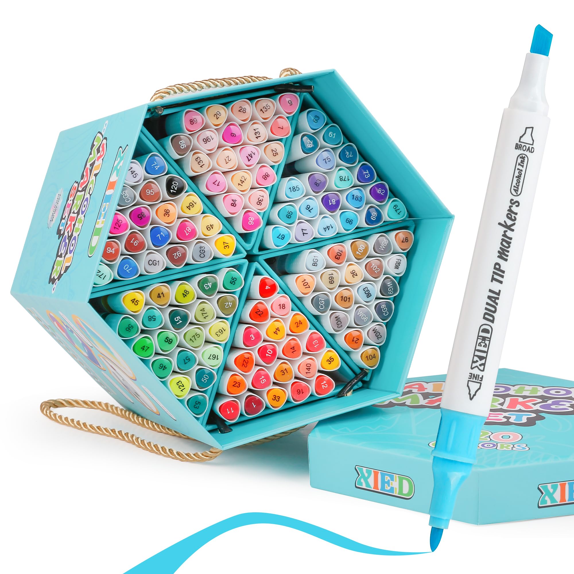 XIEED Set di 120 Pennarelli ad alcool Double Punta (Fine & broad) - Confezione Regalo a Scatola Esagonale | Per Colorazione, Pittura, Schizzi, Disegno e Evidenziazione | Adulti & Appassionati d'Arte