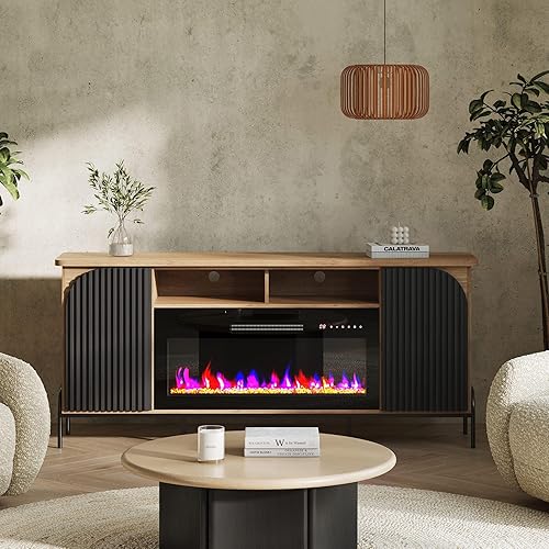 BELLEZE 68" Fluted TV Stands with 36" Electric Fireplace, Modern Entertainment Center with Storage for TVs Up to 75", Media Console with Curved Panel & Door,TV Cabinet for Living Room Bedroom (Camel)