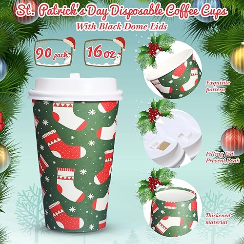Miniatura 4 de Paquete de 90 tazas de café de Navidad de 16 onzas con tapas, vasos de papel de Navidad a granel desechables para bebidas calientes de té de cacao,