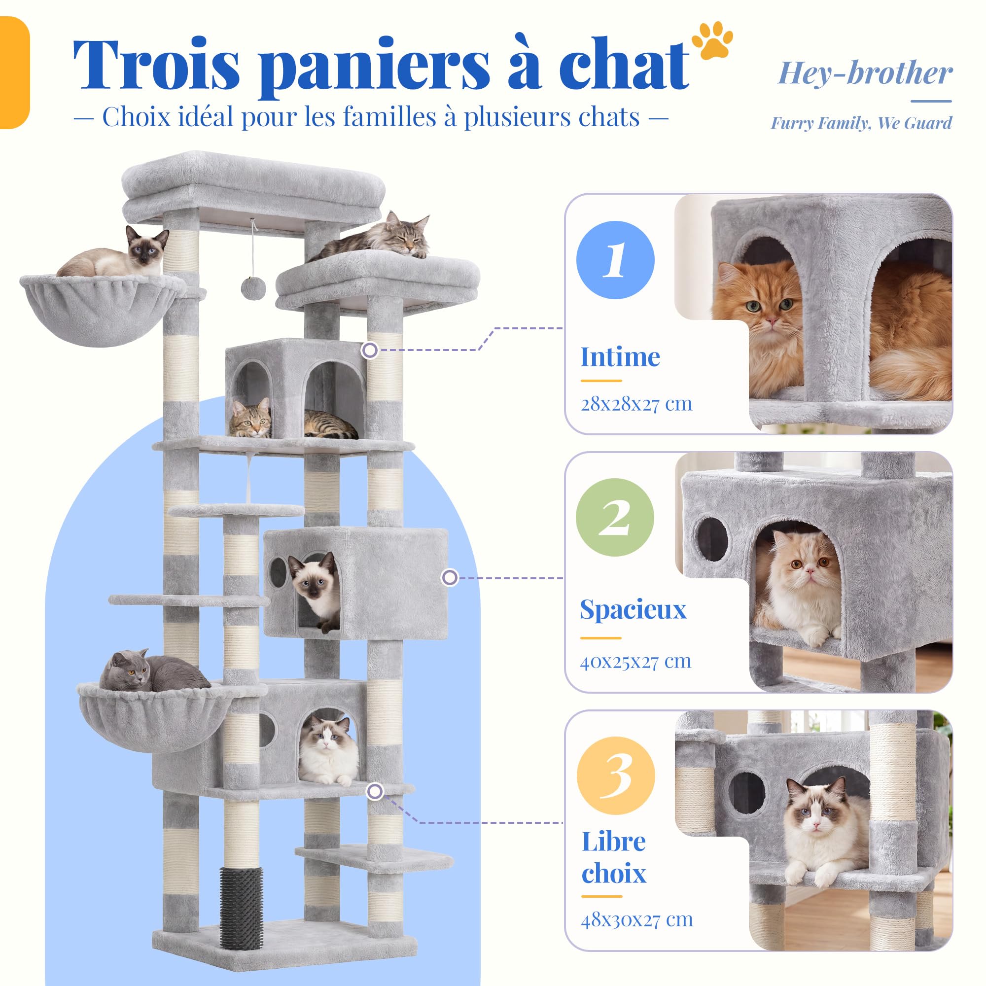 Hey-brother Arbre à Chat XXL, Arbre pour Chats Multi-Niveaux de 188 cm de Haut, équipé de 2 Grandes Plateformes, 3 Trous, 2 Paniers, des Colonnes de Sisal pour Griffer, Gris 0EMPJ035-MW