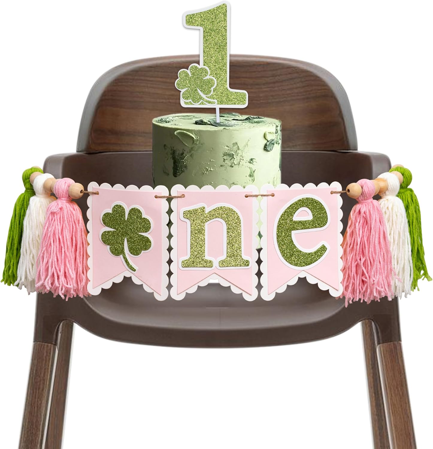 St Partricks Day Birthday Cake Decoration Set - Lucky One Birthday Party Decoration,Four Leaf Clover Highchair Bannerr And Cake Topper.