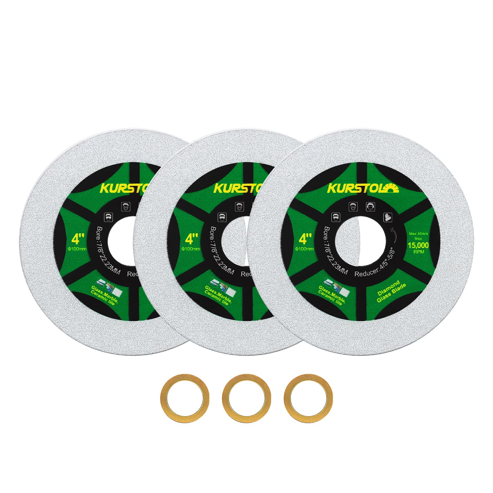 KURSTOL Diamond Glass Cutting Disc - 3pcs 100mm Ultra-Thin Cut-off Wheel bore 22.23-15.875mm for Glass, Jade, Crystal, Wine Bottle, Ceramic Tile