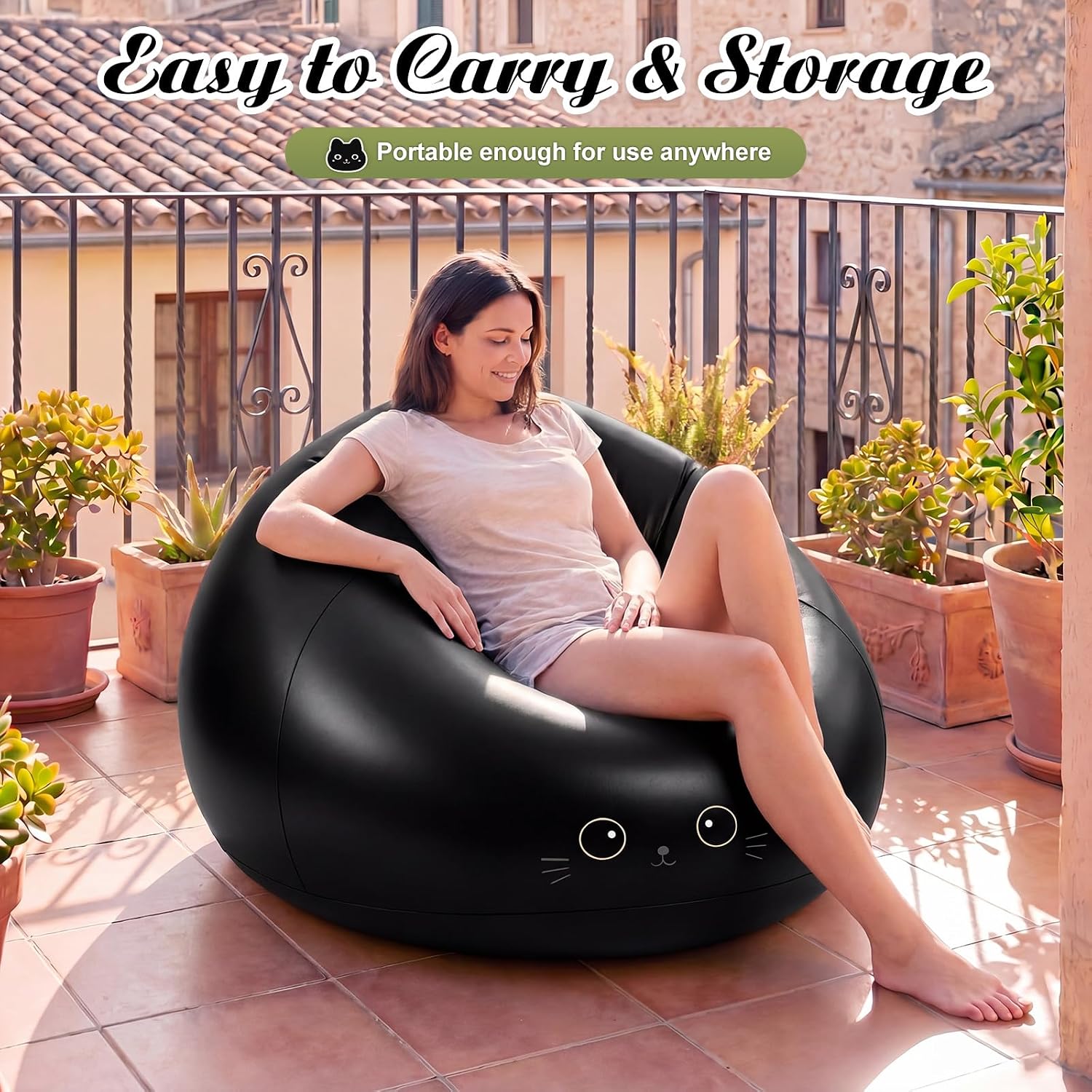 Capoda 2 Pcs Inflatable Bean Bag Chairs with Air Pump - Black Cat Blow up Beach Chairs Folding Portable PVC Lazy Sofa Inflatable Seatings for Adults Gaming Camping Movie Party Supplies