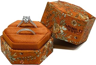 Beatrix & Luca Printed Fabric Velvet Ring Box for Wedding Ceremony, Proposal, Engagement, Bridal (Marigold Double Ring)