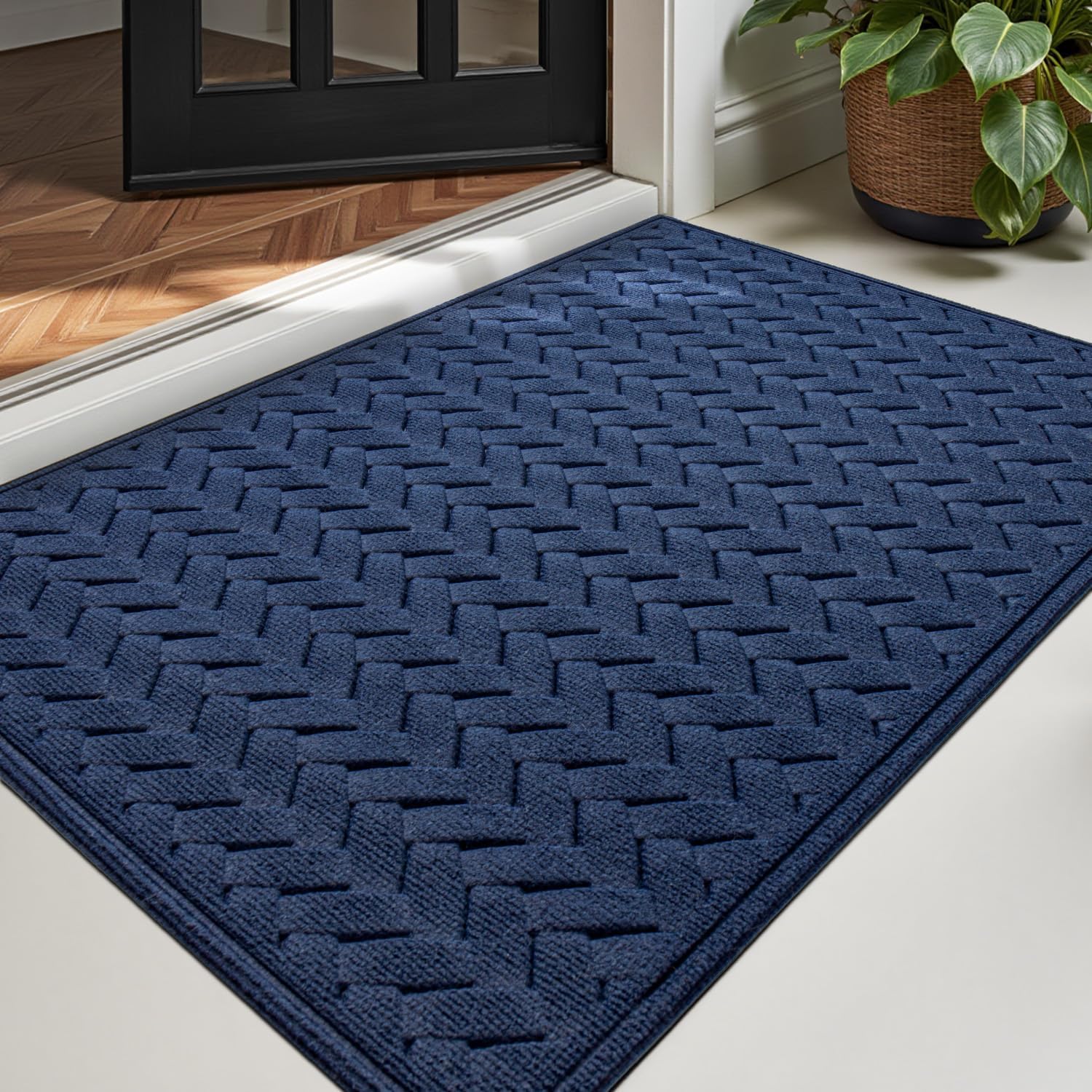 DEXI Front Door Mat 23x35, Non Slip Dirt Trapper Entry Mats for Inside Outside Entrance, Stain and Fade Resistant, Easy Clean Entryway Rug, Welcome Doormat, Patio, Wave Navy