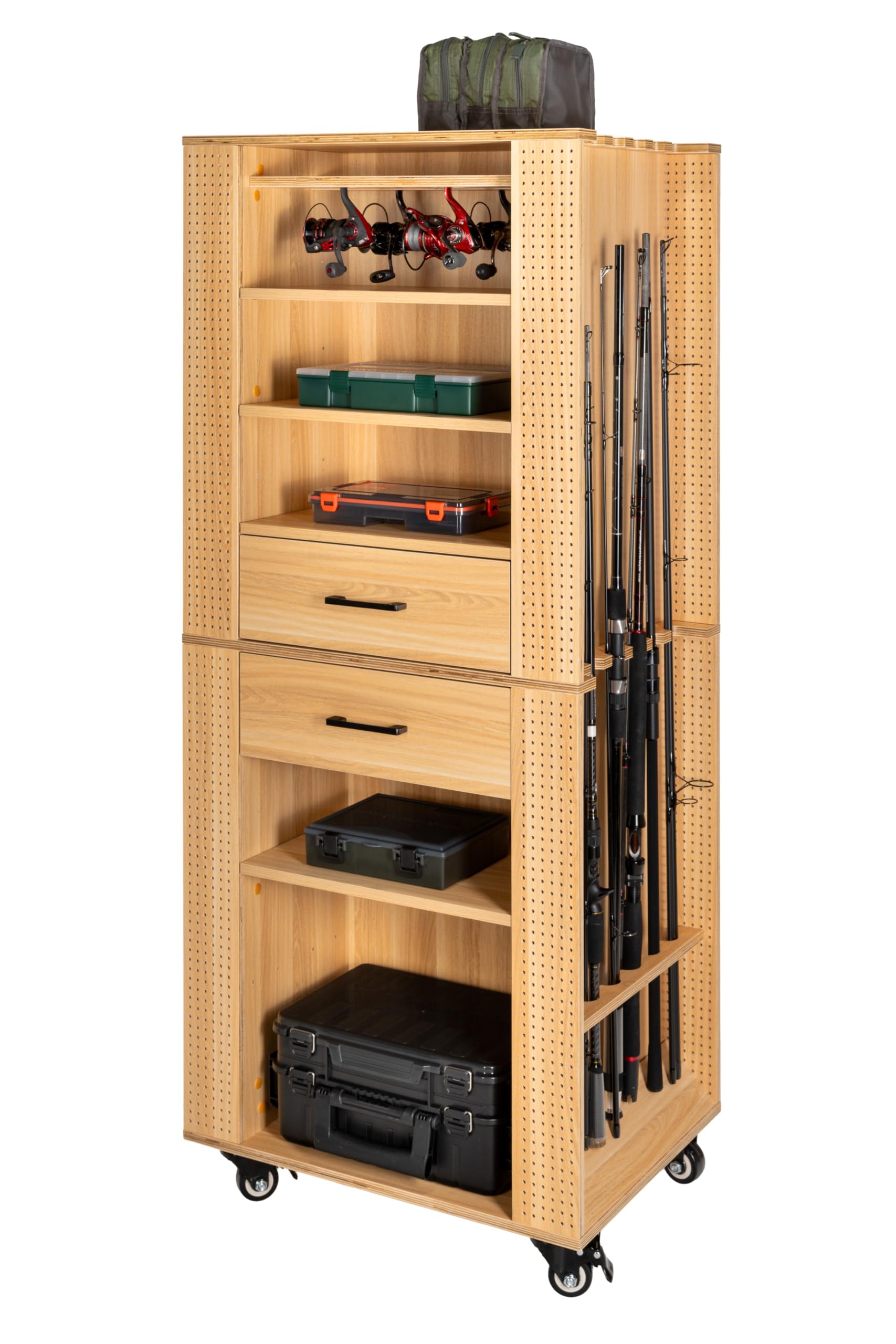 Armoire à matériel de pêche, 65 × 50 × 158 cm, Coloris hêtre, Support pour 12 Cannes à pêche, Supports en Option pour jusqu'à 20 moulinets, tiroirs et Compartiments pour Accessoires.