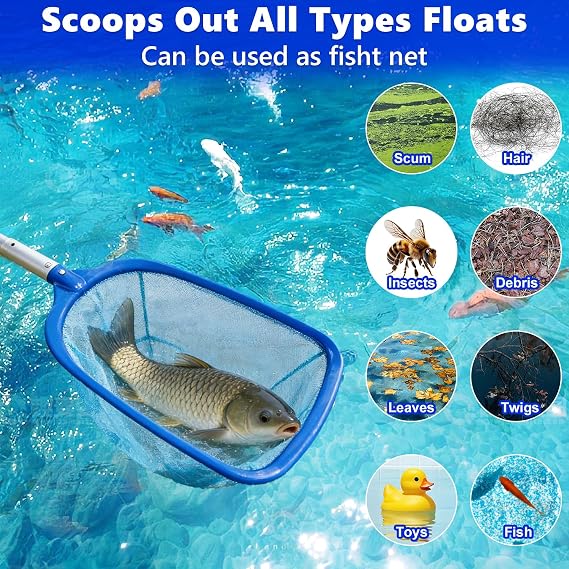 Swimming Pool Skimmer with Small Brush , Deep Pond Fish Net With Ajustable Thick Metal Pole, Pool Cleaning Kit Accessories for Pond Pool Hottub Spa Koi Tank Scoop Out Leaves Twigs Hairs Bugs Debris