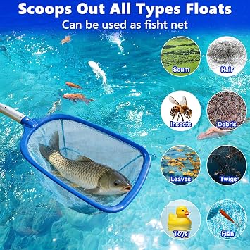 Swimming Pool Skimmer with Small Brush , Deep Pond Fish Net With Ajustable Thick Metal Pole, Pool Cleaning Kit Accessories for Pond Pool Hottub Spa Koi Tank Scoop Out Leaves Twigs Hairs Bugs Debris