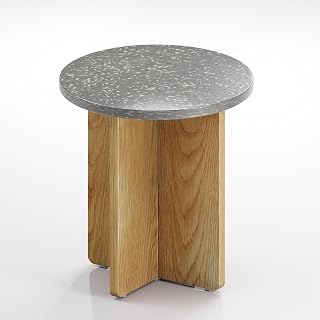 Melino Ocean-Plastic Round Side Table for Living Room, Bedroom, Nightstand with FSC Wood Base (Stellae Fumos, 14.6" D x 14.6" W x 15" H)
