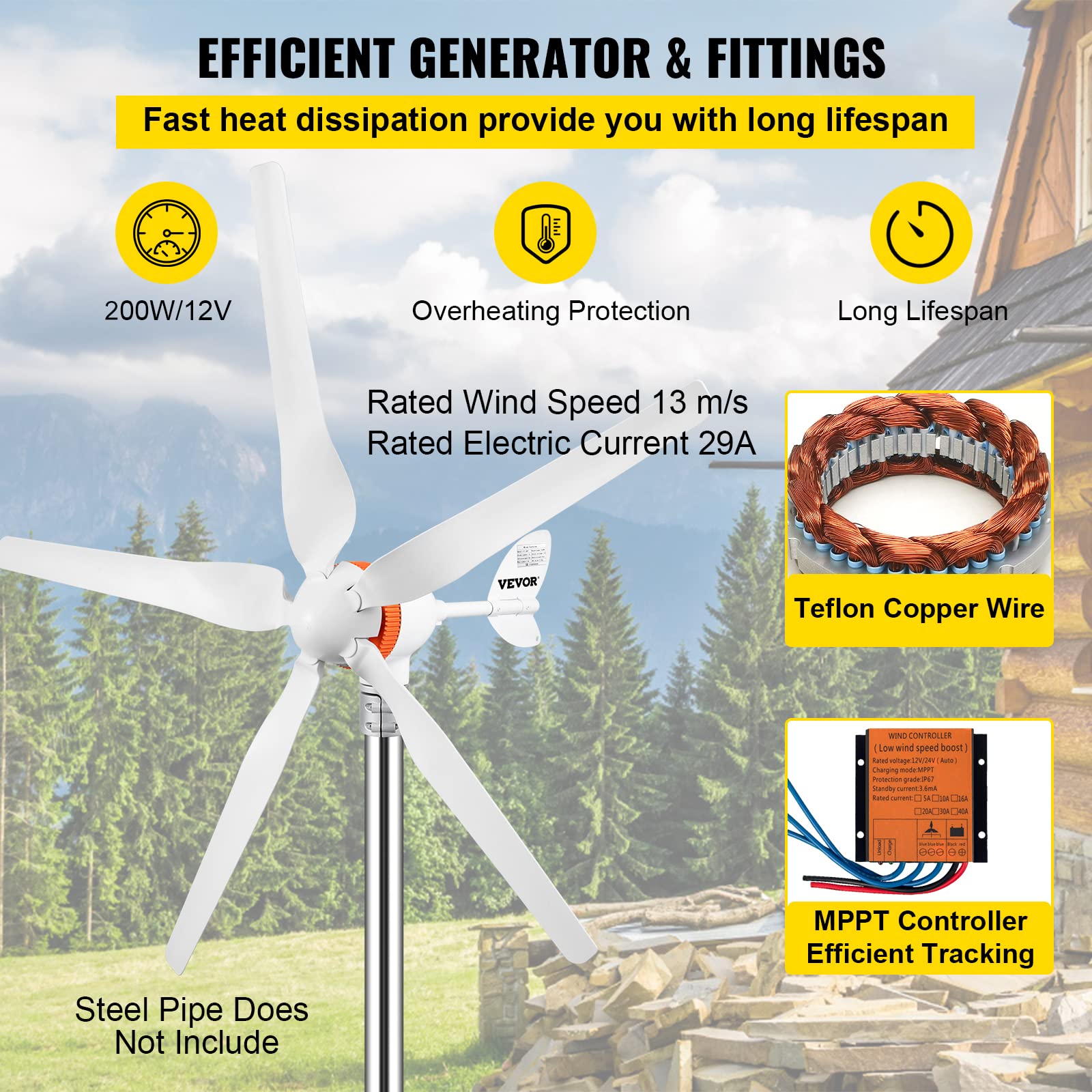 VEVOR Kit di Generatore Eolico Generatore 12V/24V(Auto) Con Controllo di Ricarica MPPT a Trifase 200W a 5 Pale, Uso nella Ricarica per il Monitoraggio Domestico, Camper, Barche e Altro Uso Domestico
