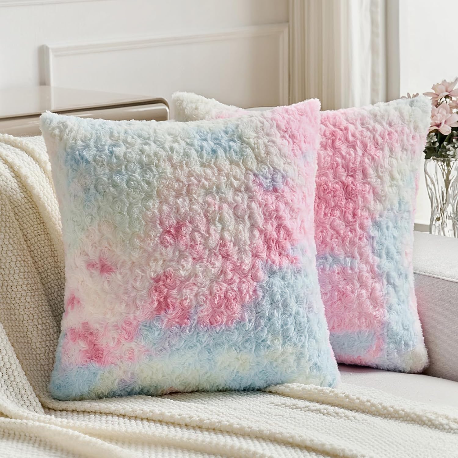 FUTEI Pink Decorative Throw Pillow Covers 24x24 Inch Set of 2,Soft Cozy Colorful Rose Swirl Texture Euro Pillow Sham,Valentine's Day Home Decor for Couch Bed Living Room