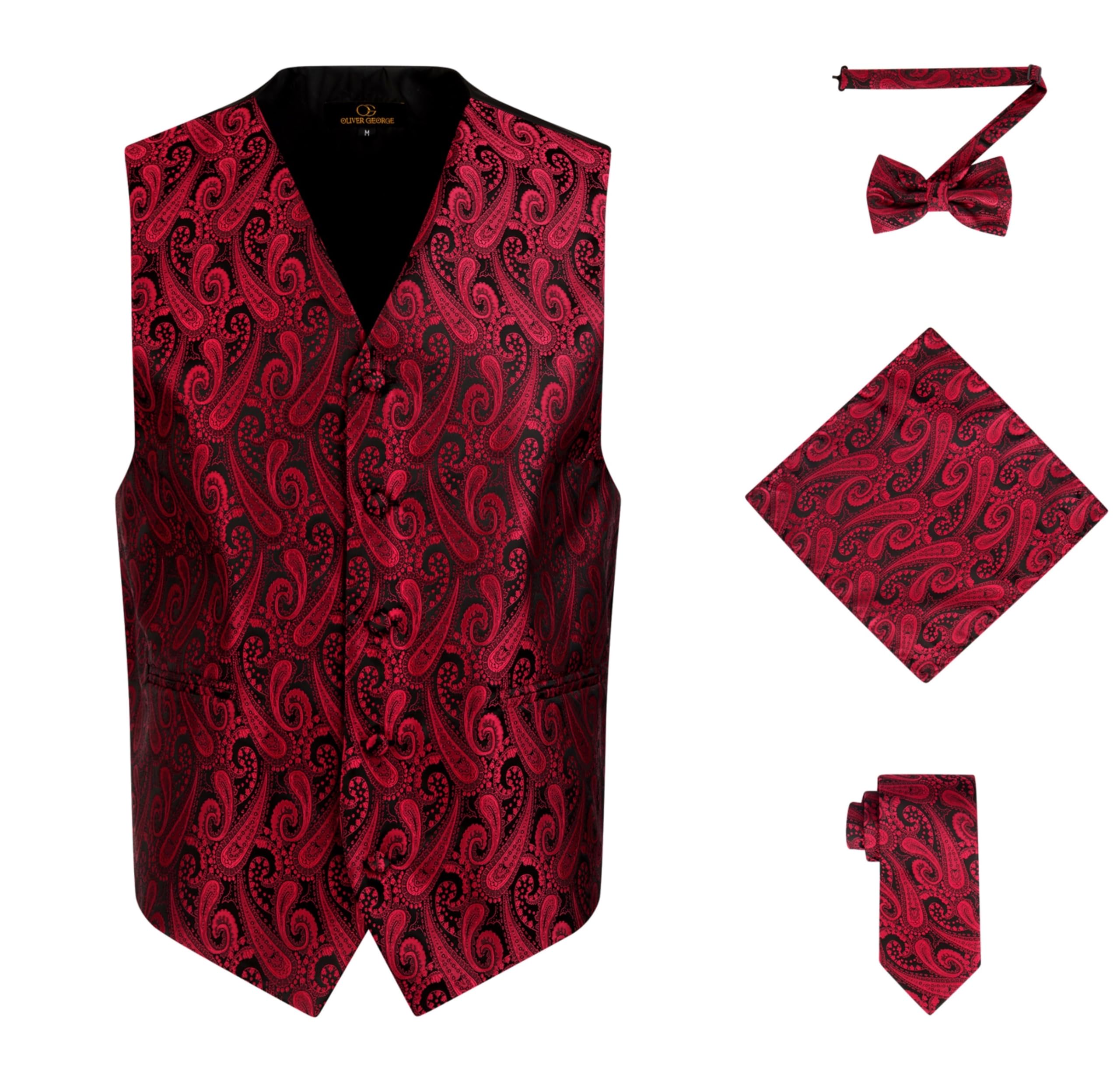 Oliver George Men's Red Black 4Pc Paisley Formal Suit Waistcoat Tuxedo Dress Vest Necktie Bowtie Handkerchief Set For Suit Or Tuxedo, Xxxxl