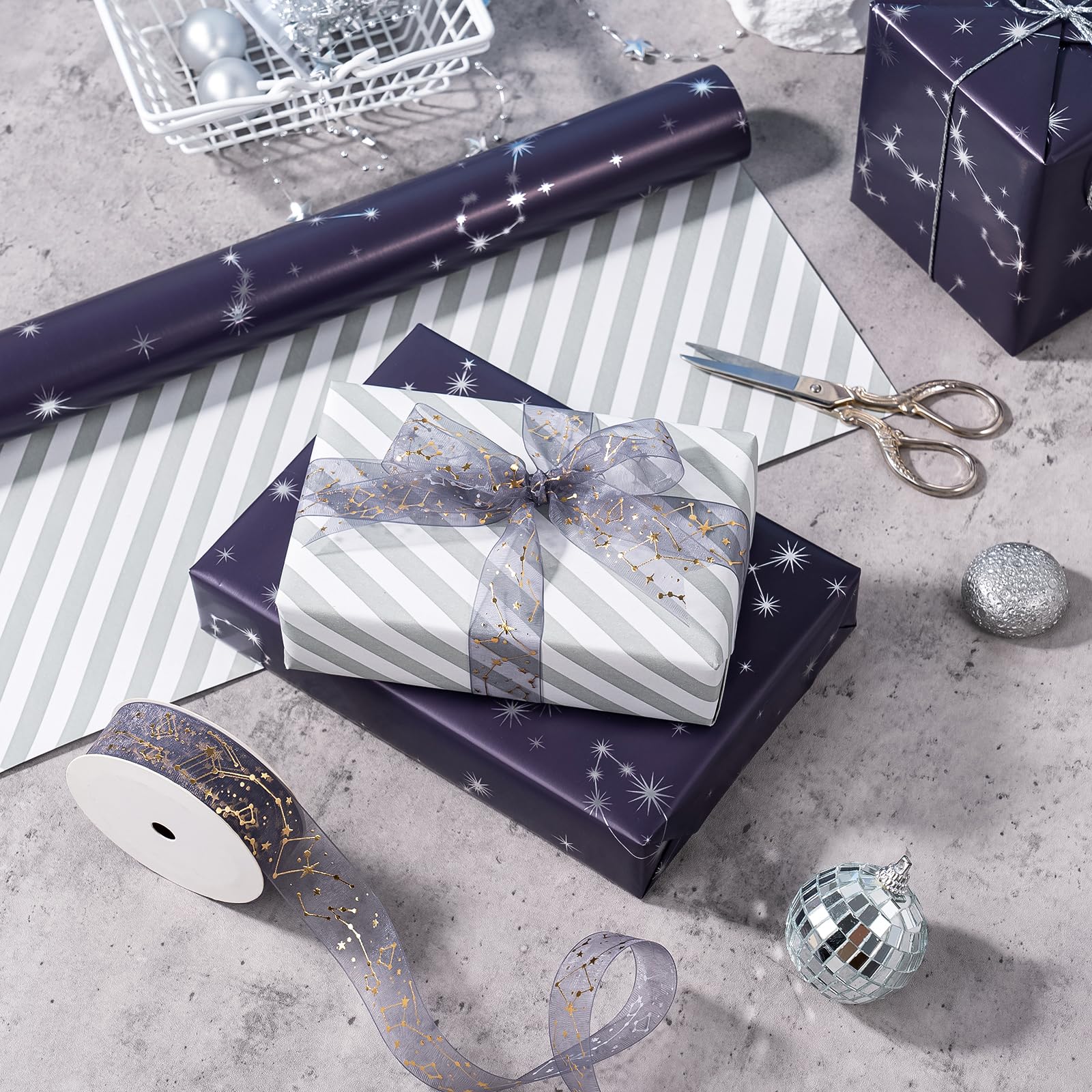 WRAPAHOLIC Papier cadeau Jumbo Constellation – 76,2 cm x 10 m – Papier cadeau bleu marine pour enfants, femmes, hommes, anniversaire, mariage, fête prénatale, fête prénuptiale