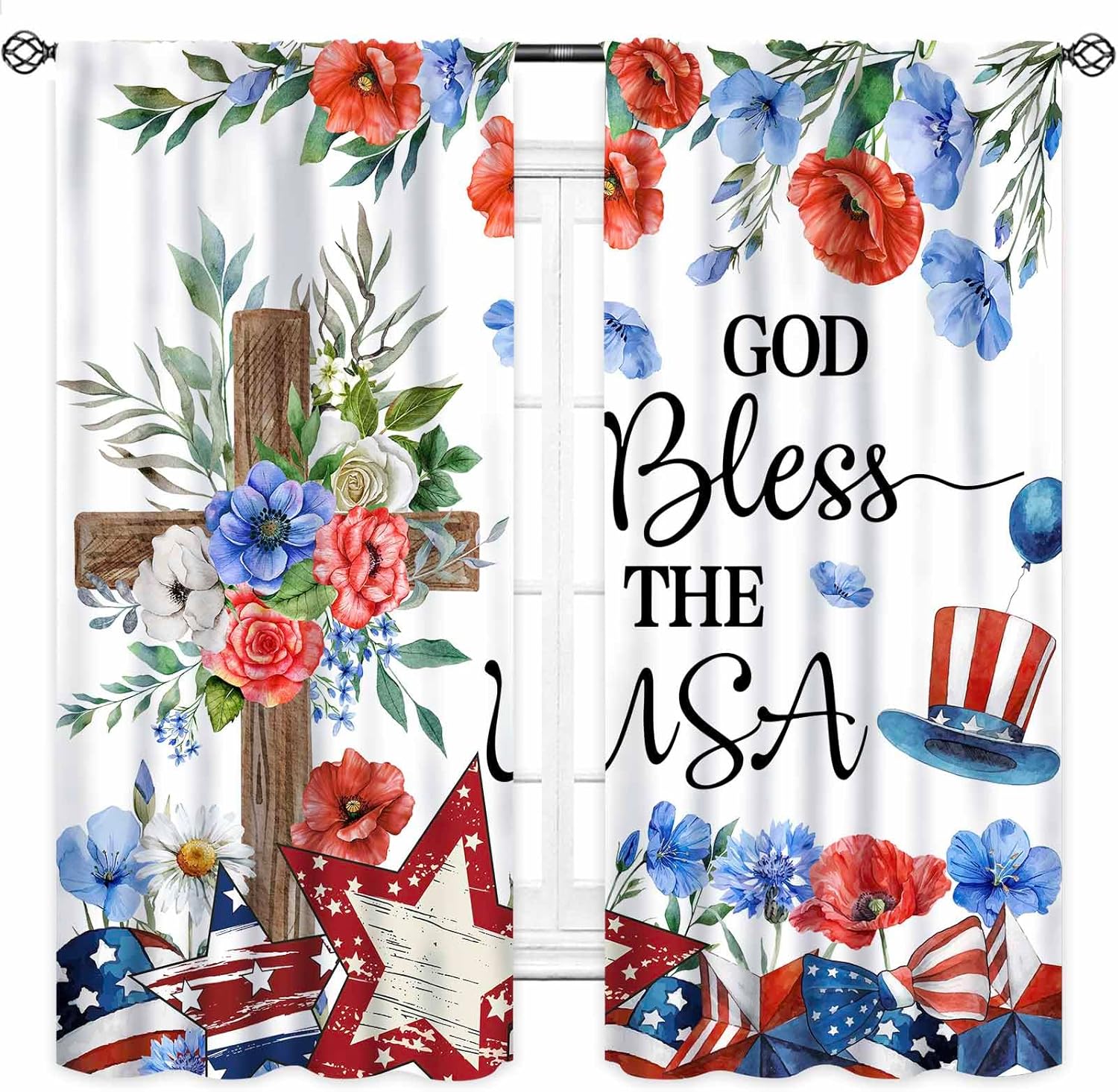 4th of July Curtains,Independence Day Patriotic Star American Flag Red Blue Flowers Country Treatments Drapes for Bedroom Living Room Bathroom Window Drapery 26" W x 84" L,2 Panel Set