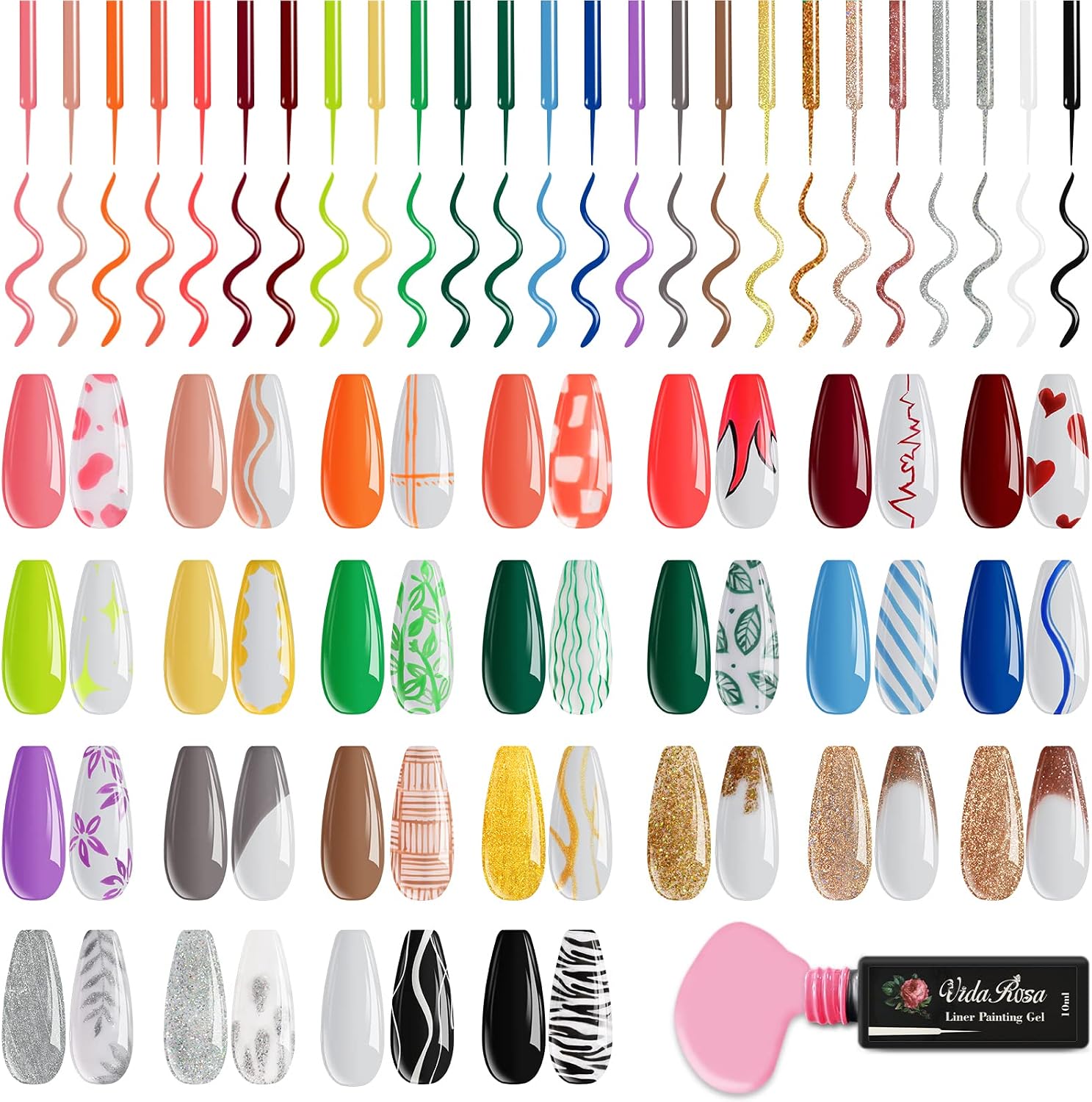 Full Set of 25 Colors VidaRosa Gel Nail Liner Polish UV LED Painting Gel Polish for 3D Nail Art DIY Nail Design Nail Line Drawing Paintbrush Pen
