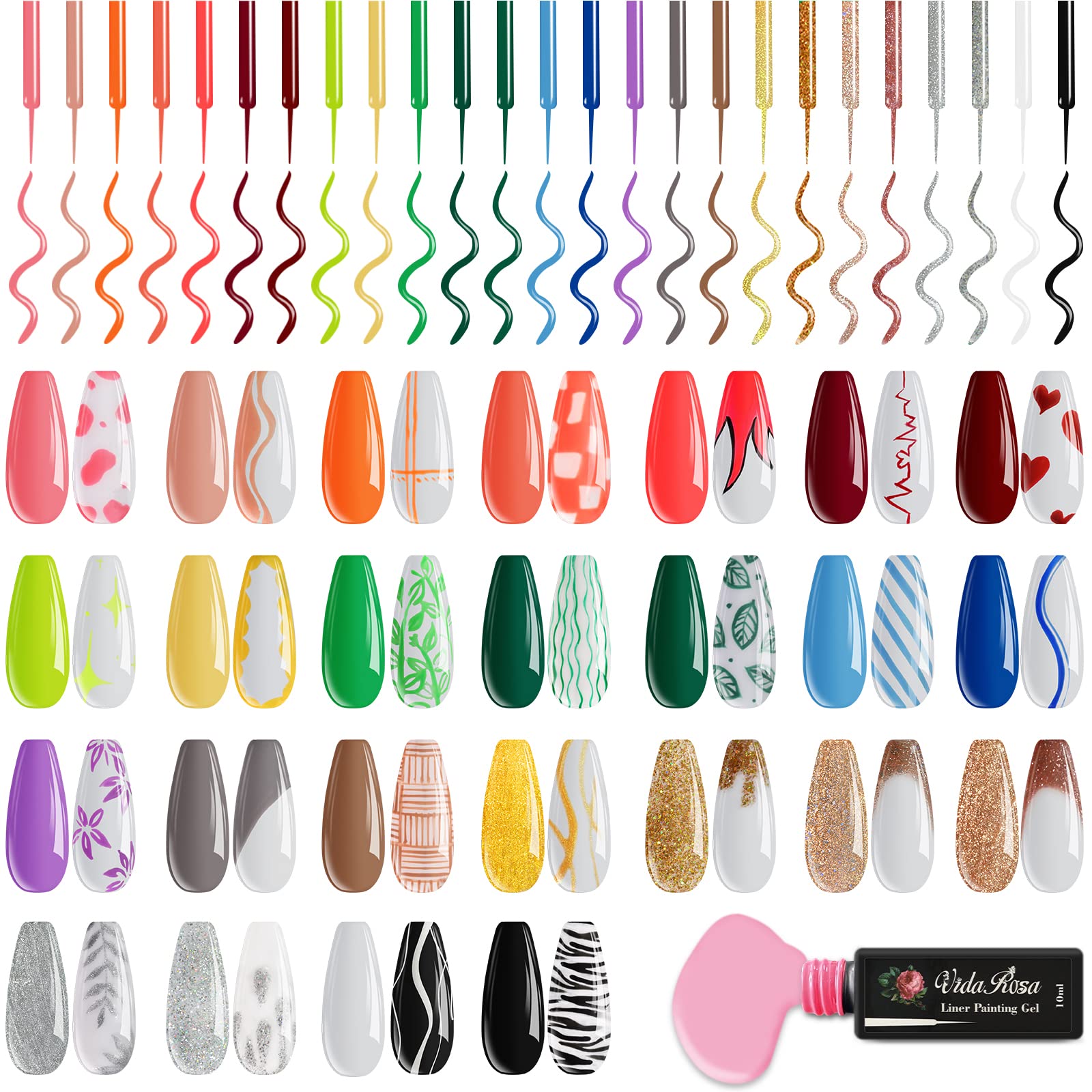 25 colores VidaRosa Gel Nail Liner Polish UV LED Pintura en gel para arte de uñas 3D DIY Diseño de uñas Dibujo de líneas de uñas Pincel de pintura, Esmalte de uñas para salón de manicura, 10 ml