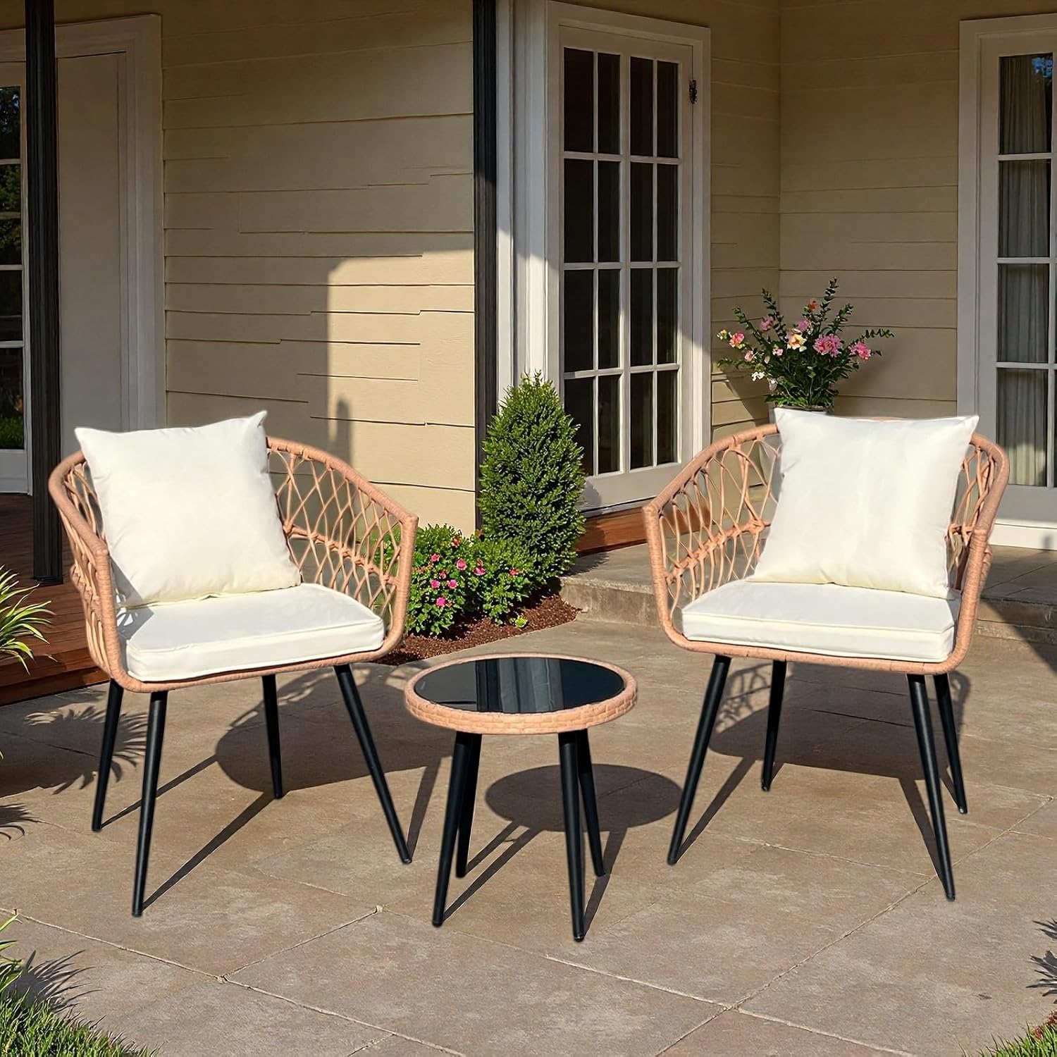 3 -Piece Outdoor Patio Furniture Set All-Weather PE Rattan Conversation Sets Waterproof Cushions Powder-Coated Steel Frame for Apartment Balcony