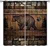 Black Bear Curtains, Rustic Cabin Stone Brick Wall Wooden Board Farmhouse Forest Wild Animal Bear Paw Pine Trees Print Window Drapes for Home Livingroom Bedroom, 42x45in (No Blackout)
