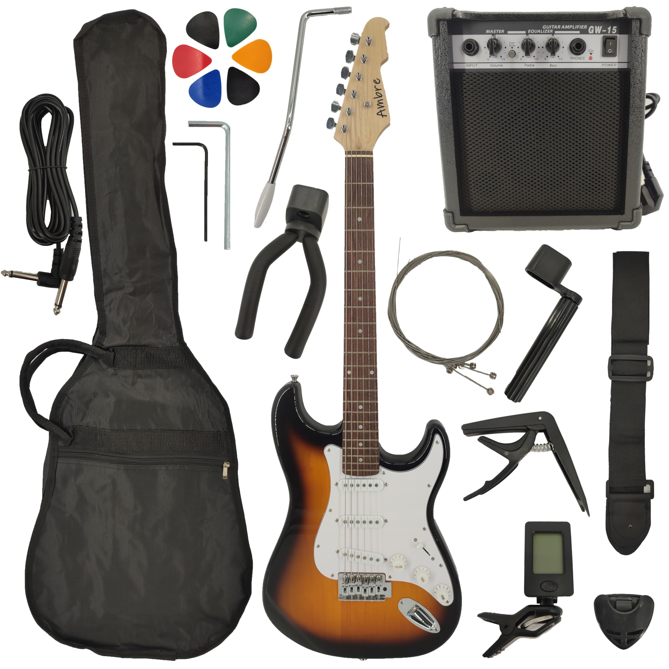 Ambre Pack Guitare Electrique Adulte (Droitier ou Gaucher) + Ampli 15 Watts + Accessoires