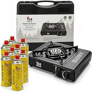 T24 Gaskocher Set inkl. 8x Gaskartuschen 227g & Koffer | Mobiler Campingkocher mit Piezo-Zündung & Flammenschutz | Tragbarer Butangas Kocher für Camping, Outdoor & Notfall | Schwarz Matt