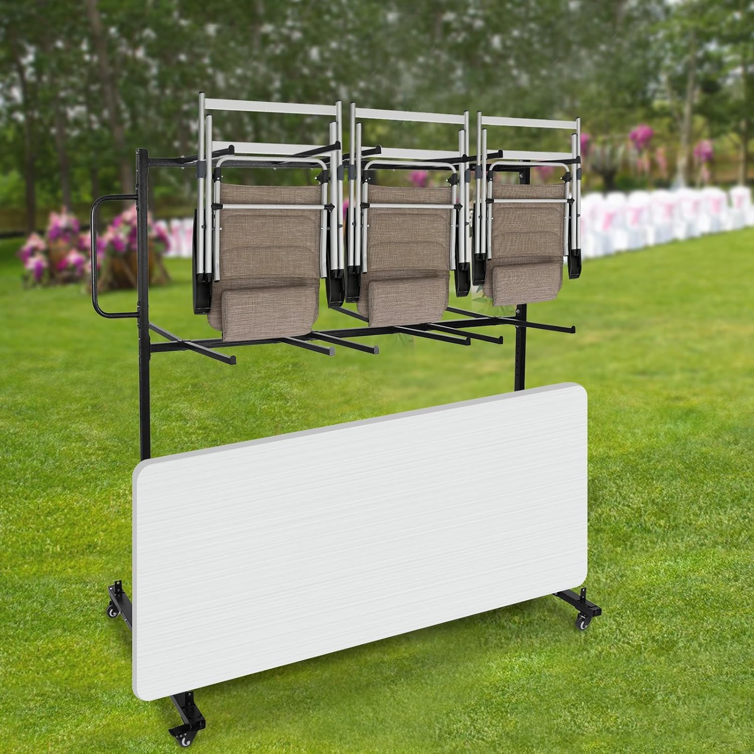 Chair Trolley Stand, Table Folding Chair Racks, Folding Chair and Table Cart, 2Tier Folding Chair Cart Holds 84 Chairs Heavy Duty Steel Folding Chair Rack for Commercial, Home, Kitchen, Party