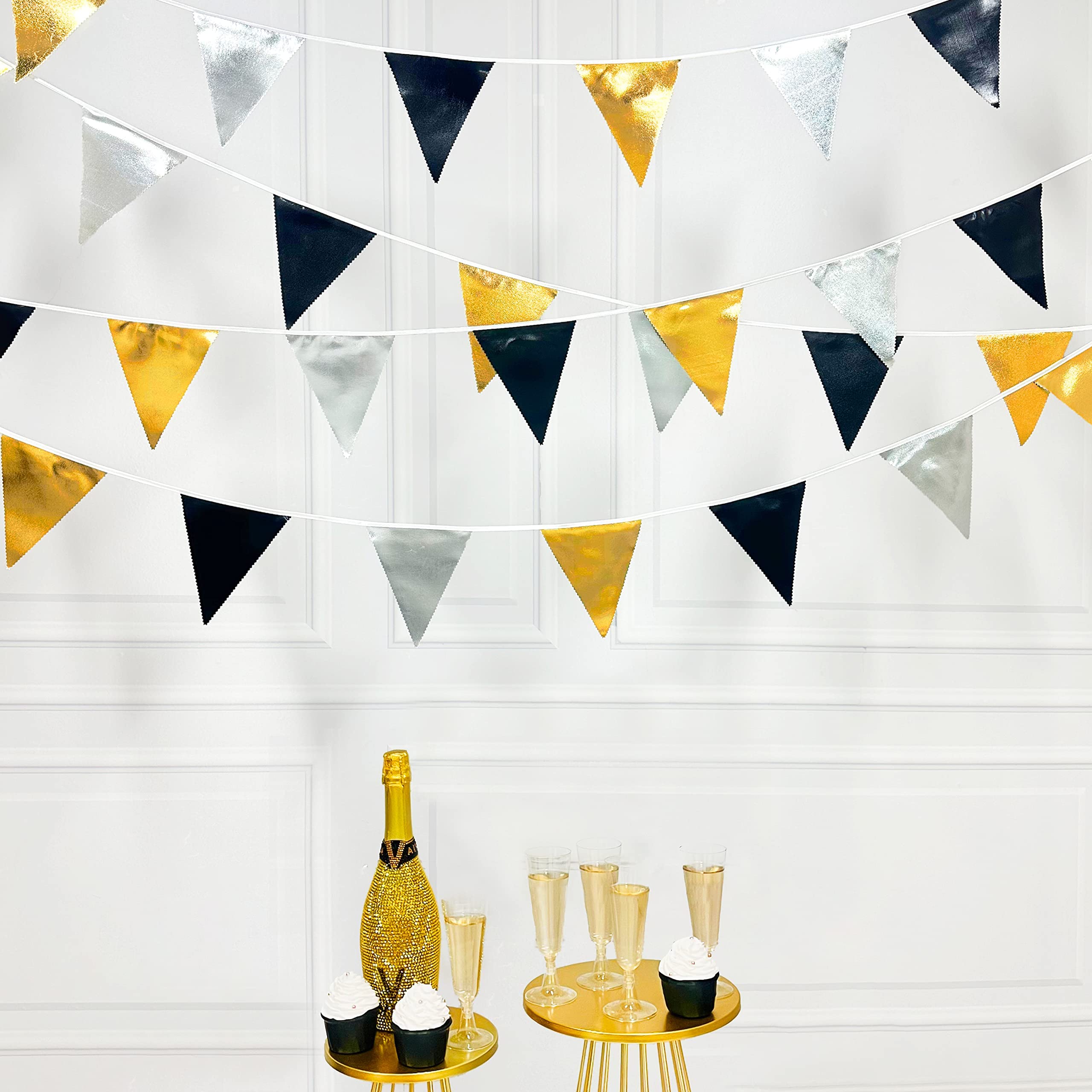 Party-Wimpelkette Glitzernd Schwarz-Gold – 11 Holografische Flaggen, 3.9 M Lange Deko Für Geburtstag & Feiern