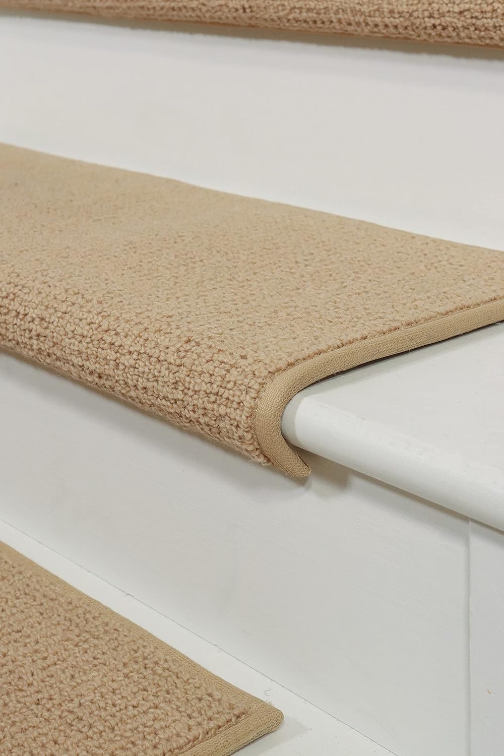 Oak Valley Designs™ Rounded Bullnose Wool Carpet Stair Treads - Anti Slip Indoor Stair Mats for Wooden Stairs, Style: Nantucket, Tan, 27" W X 9.75" D (Set of 14)