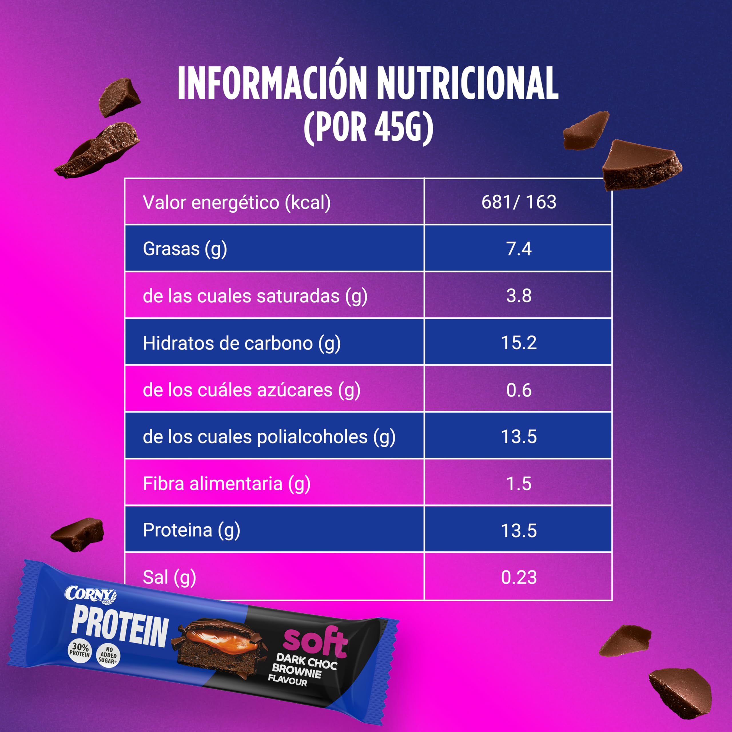 Barritas de Proteínas, Corny Protein,Soft Chocolate Negro con Brownie,13,5 gr de Proteínas, 0% Azúcares Añadidos, Ayudan al Desarrollo y Recuperación de la Masa Muscular, Pack 12x45g, Taste the Power