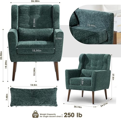 Miniatura 2 de cinkehome Sillas decorativas con brazos para sala de estar, sillón moderno tapizado en chenilla, cómoda silla de salón acolchada y suave para Verde