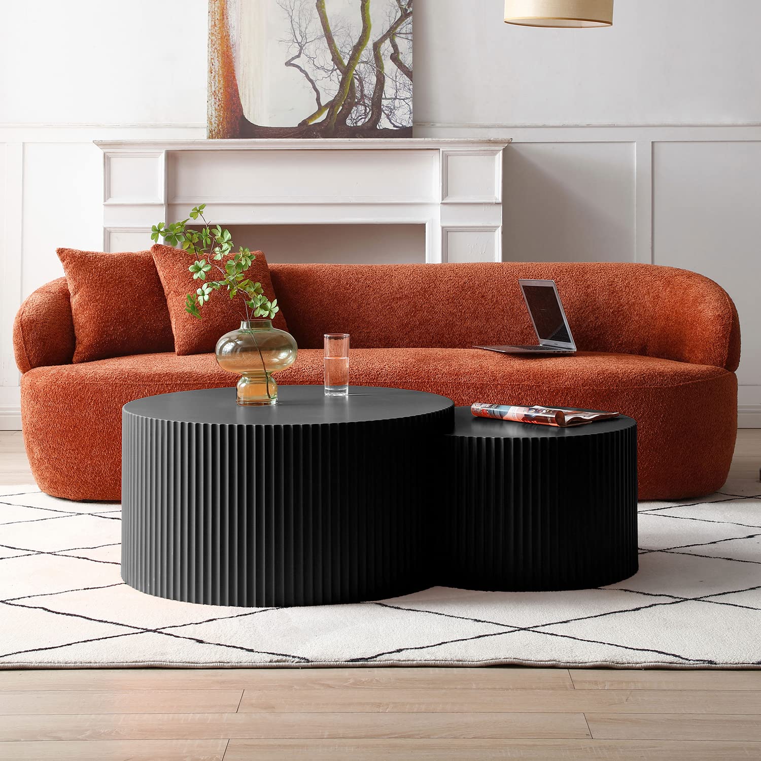 kevinplus Black Modern Nesting Coffee Table Set of 2 Round Side Table ...