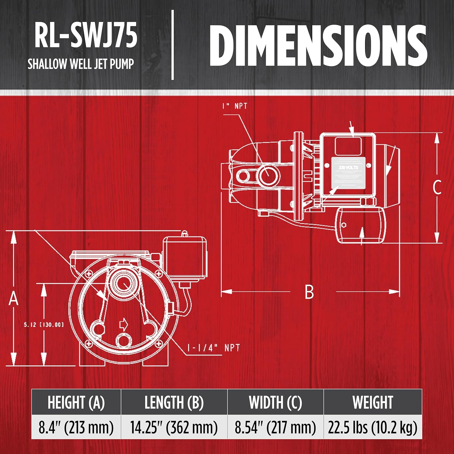 Red Lion RL-SWJ75 3/4 HP, 13 GPM Dual Voltage (115/230 Volts) Cast Iron Shallow Well Jet Pump, Red, 97080701