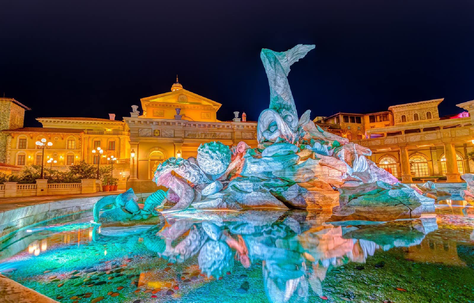 puzzle dla dorosłych 1000 elementów Światła miasta Japonia Fontanna Tokio Tokio Disney Sea 75x50cm