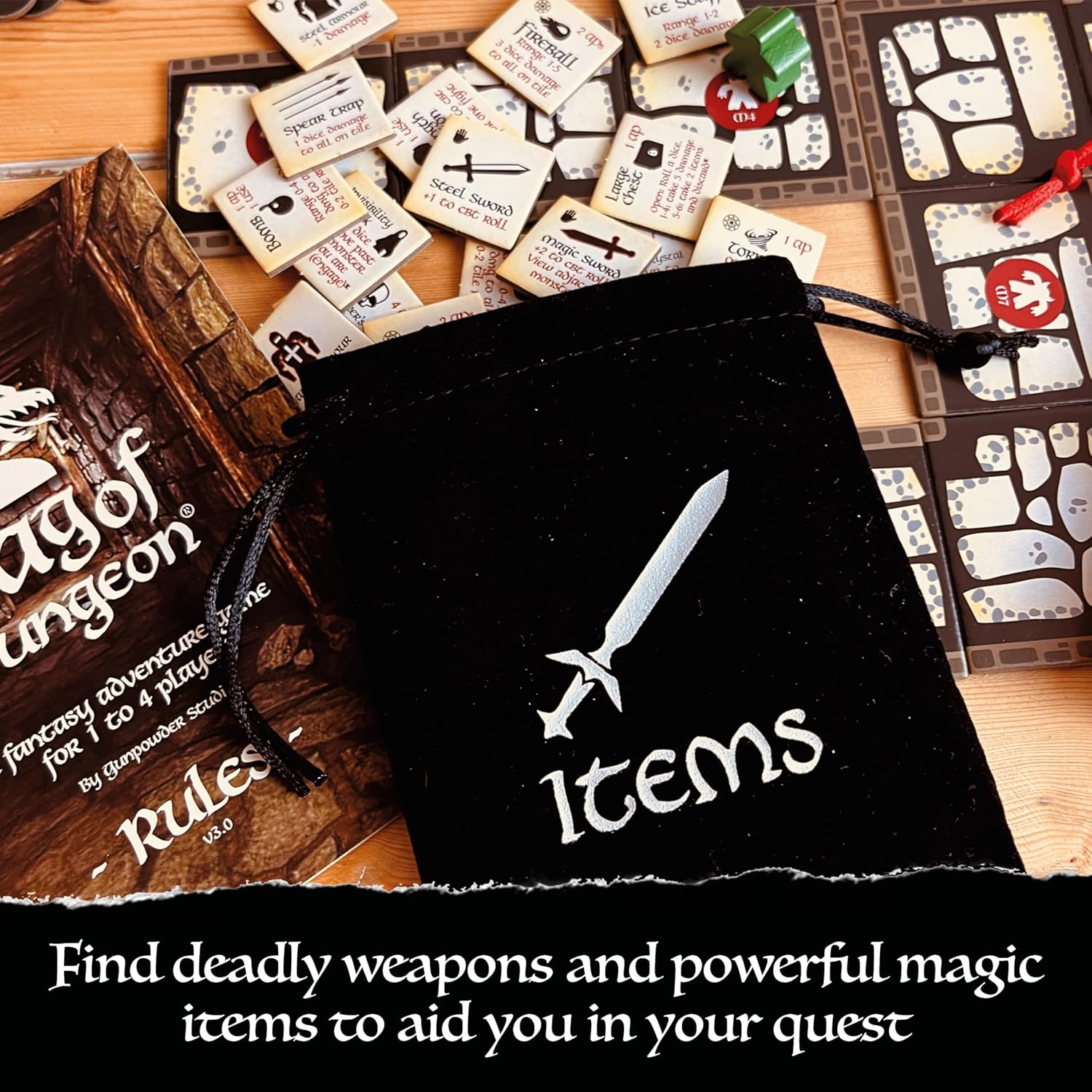 Bag of Dungeon–Fantasy Adventure Board Game for Families & RPG Fans | 1–4 Players, Ages 7+ | Classic Dungeon Crawler | Portable Tabletop RPG with Endless Replayability