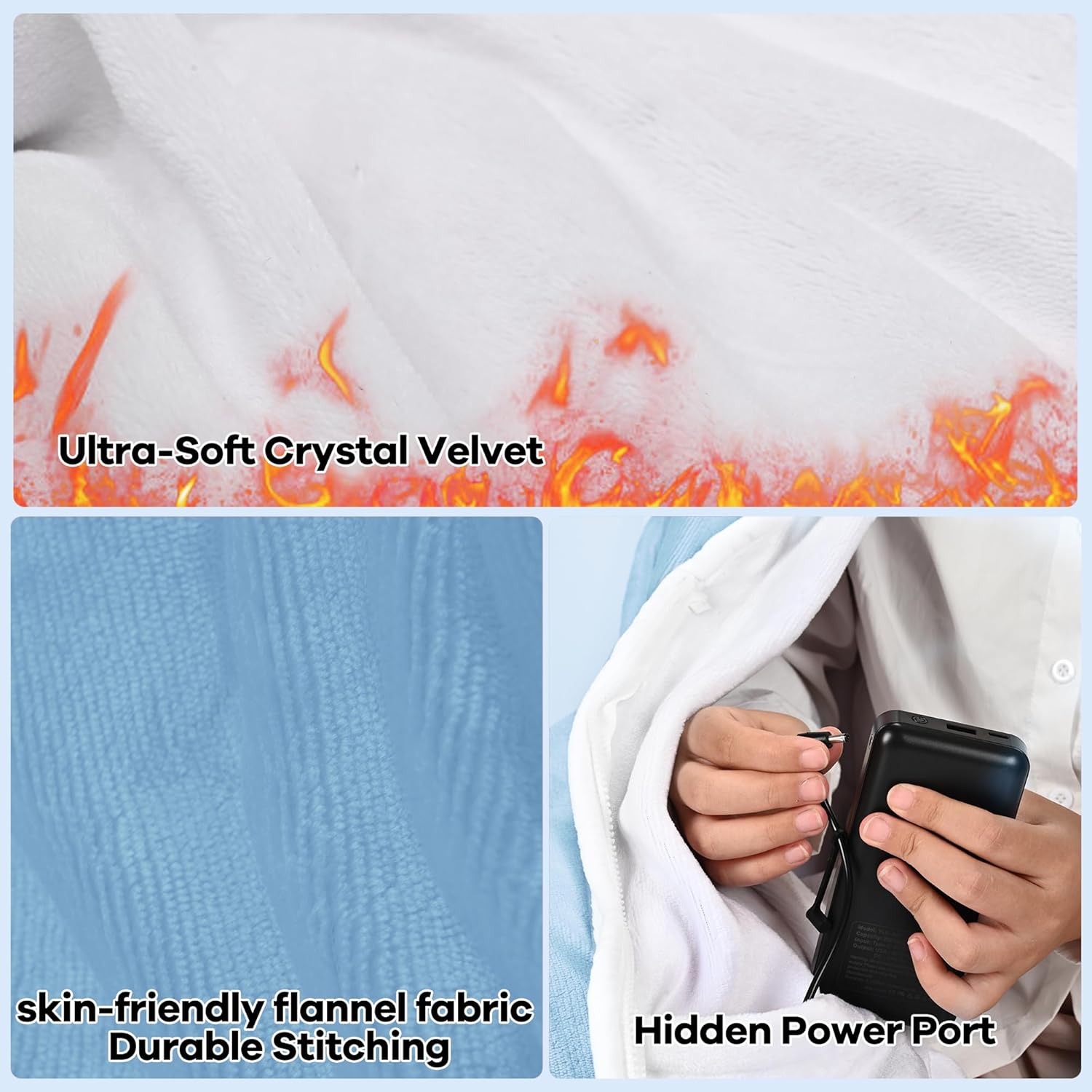 Wearable Heated Blanket with 20000mAh Power Bank, 11 Heating Zones, 3 Heat Levels, Timer, USB Powered, Machine Washable, for Camping, Office, Travel, Home Use (Snowy Blue) - Image 8