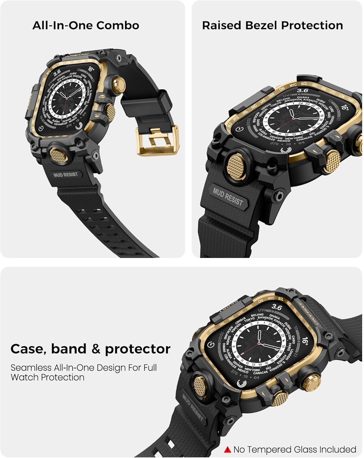 amBand Rugged Case with Band for Apple Watch 45mm, Compatible with Apple Watch (iWatch) Series 9/8/7, Military Grade Shockproof Bumper Cover, Tactical Band for Men, Black Gold - Image 4