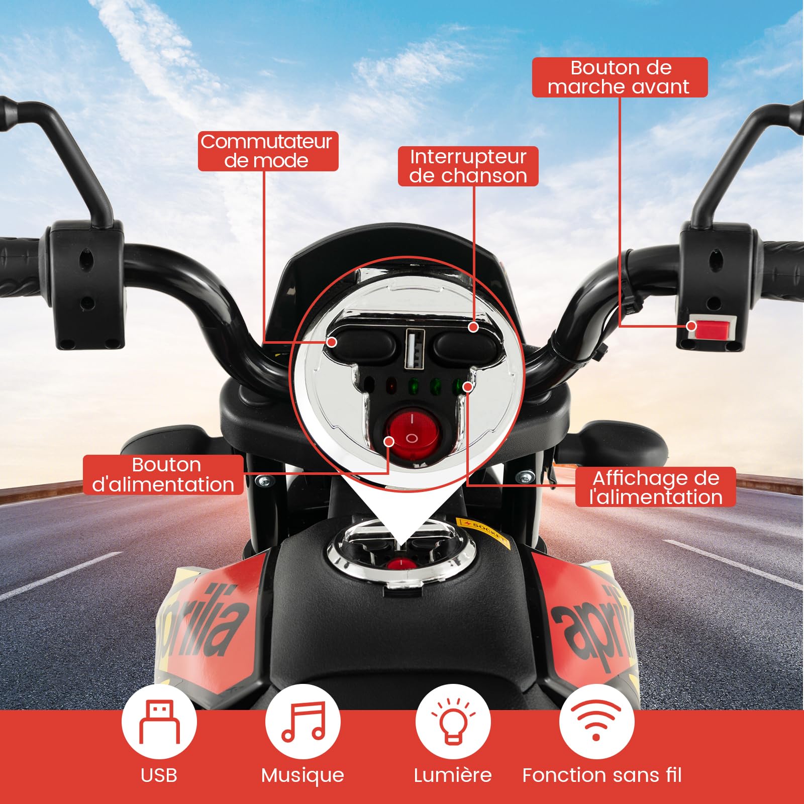 COSTWAY Aprilia Moto Électrique pour Enfants 3-8 Ans avec Musique & Lumière, Voiture Électrique Enfants avec 2 Roues d'Entraînement, Vitesse 5,5-6 km/h, Charge 30KG, 106,5 x 56 x 80CM…