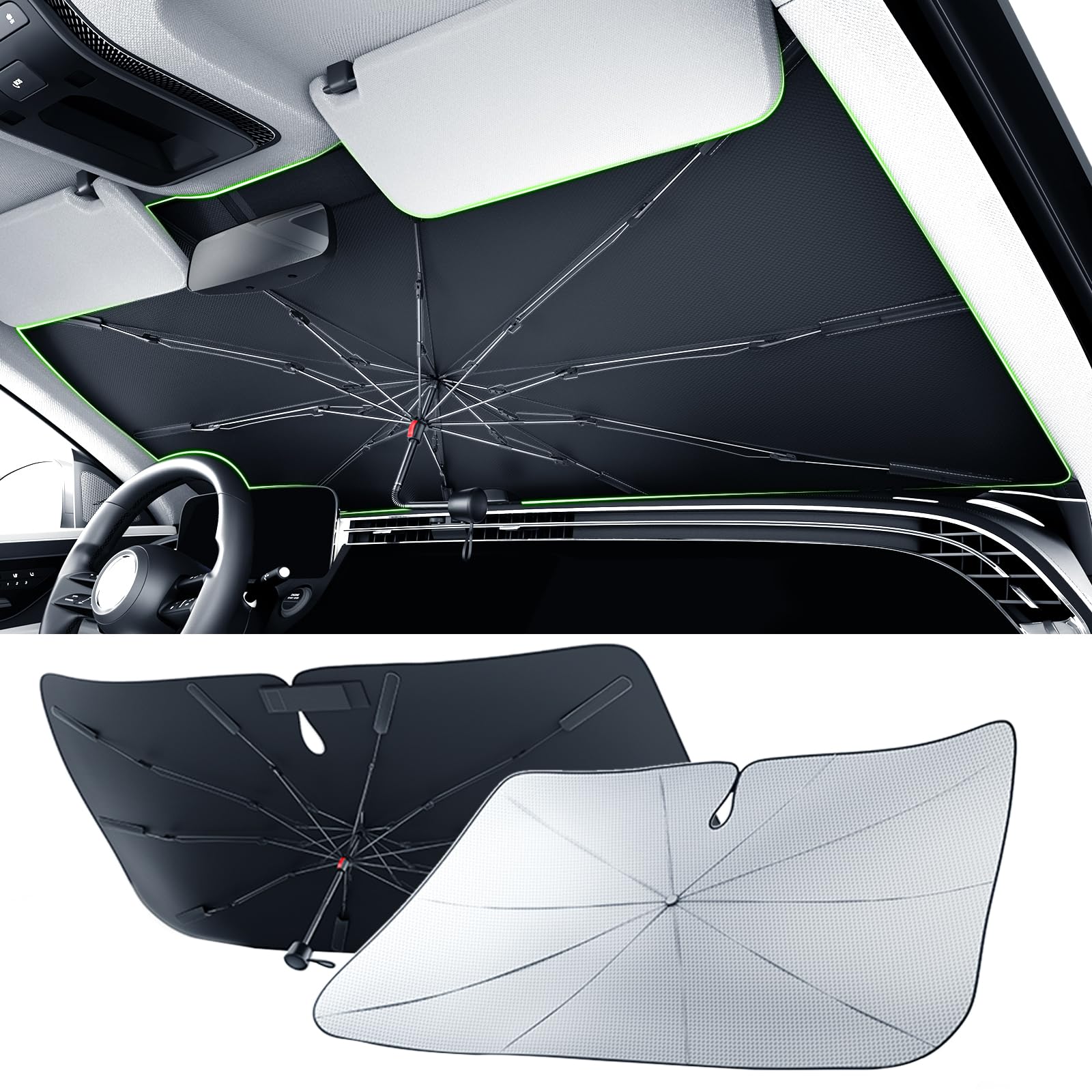 Zanch 2026 Car Windshield Sun Shade [7-Layer Ice Shield, Up to 75℉ Cooler] Silver Reflective Heat Insulation, 10 Reinforced Ribs Foldable Front Sunshade Umbrella, L(60''x36'') for SUV