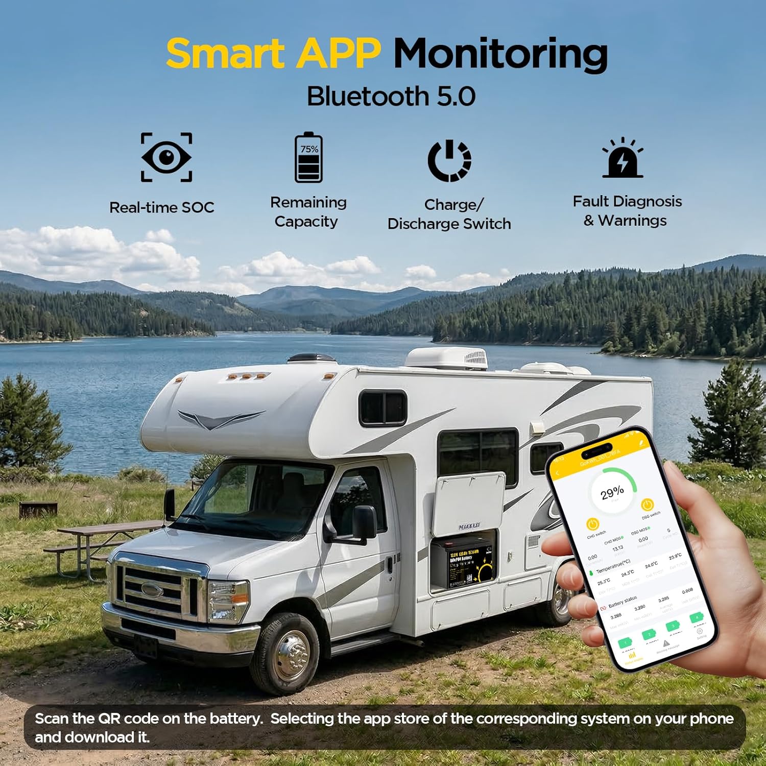 12.8V 120Ah LiFePO4 Lithium Battery with Smart APP, Bluetooth 5.0 Rechargeable Battery 4000+ Cycles Built-in 100A BMS, 1536Wh Perfect for RVs, Marine, Solar System and Off-Grid