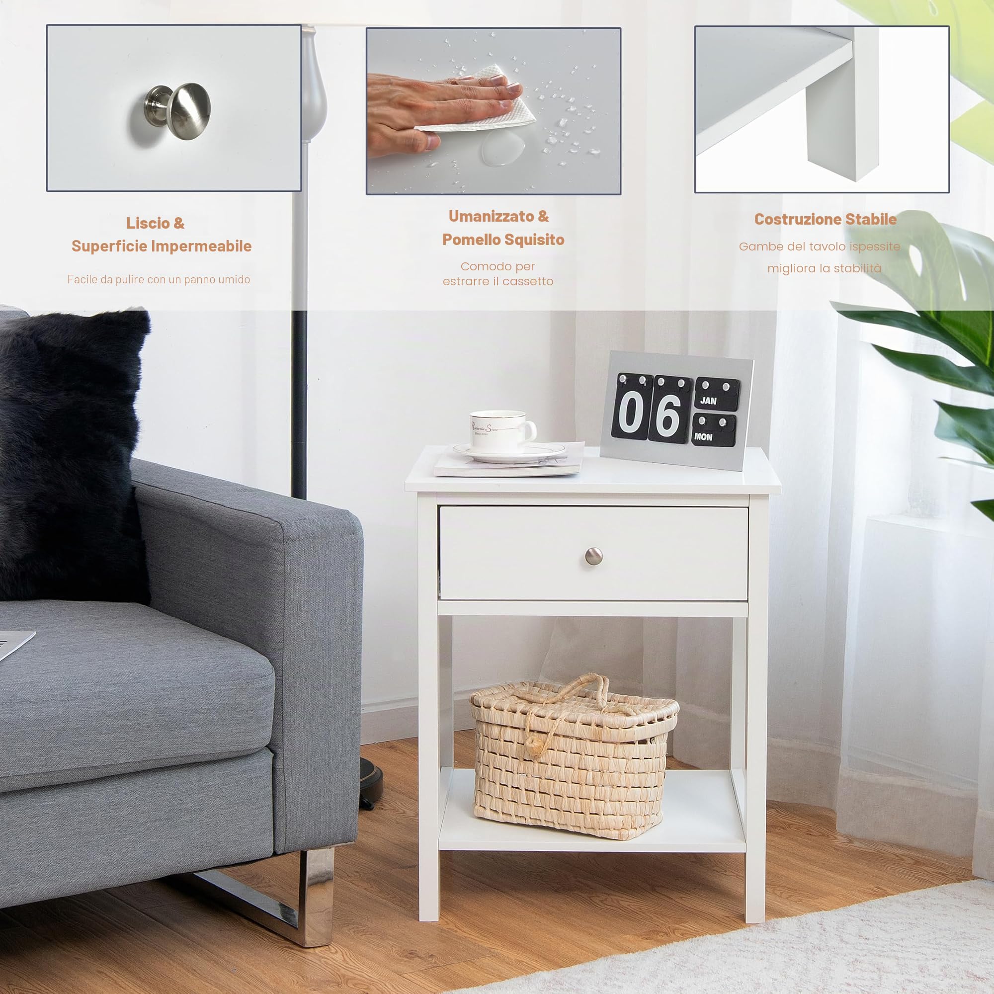 KOMFOTTEU Comodino con cassetto, tavolino in legno, stile moderno, comodino a 2 livelli, con ripiano aperto, per camera da letto, soggiorno, 48 x 40 x 58 cm (bianco x 2)