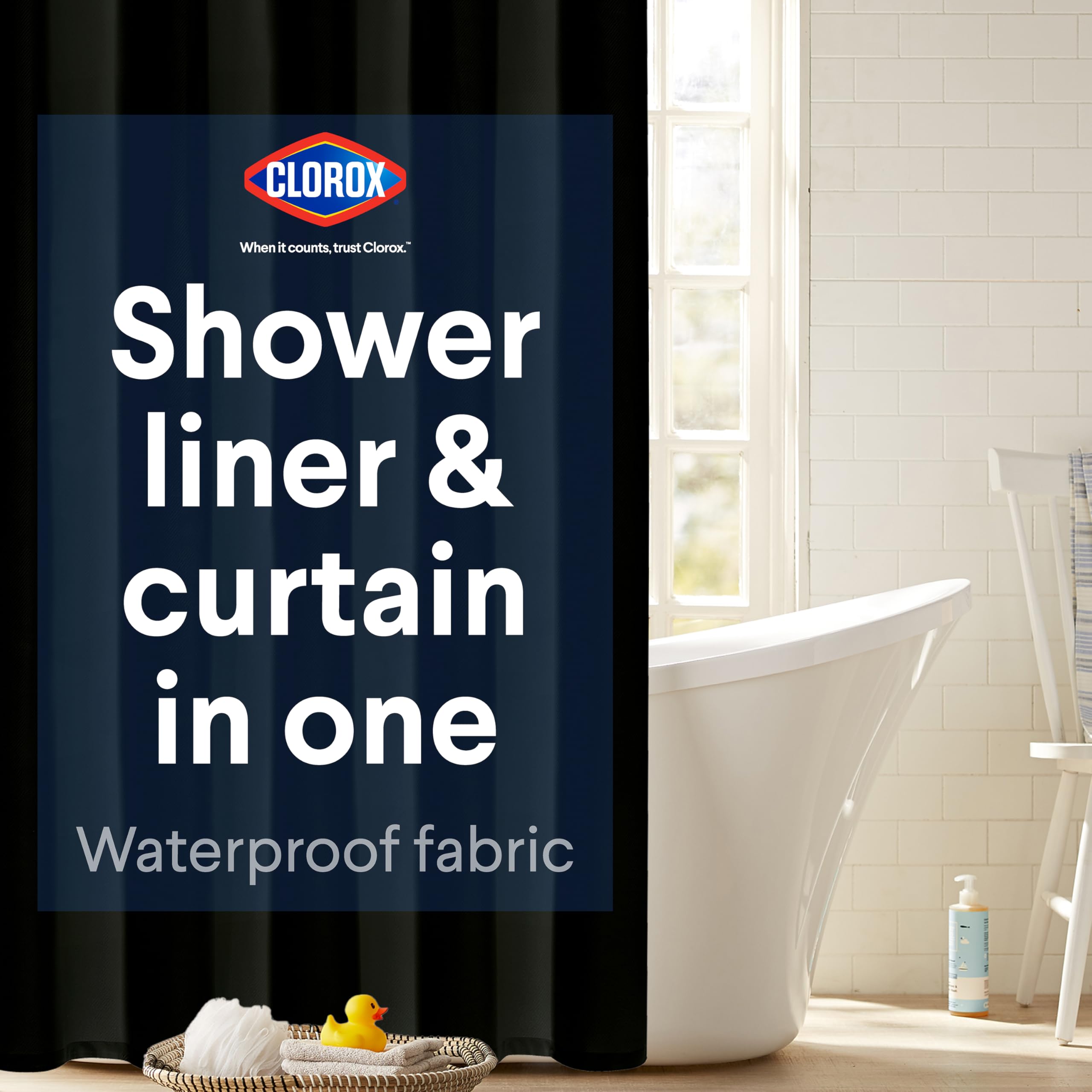 CLOROX 2-in-1 Bathroom Shower Curtain Liner, Durable Fabric, Weighted Magnets for Bath Water Control, Washable Premium Quality, Modern - 72" x 72"