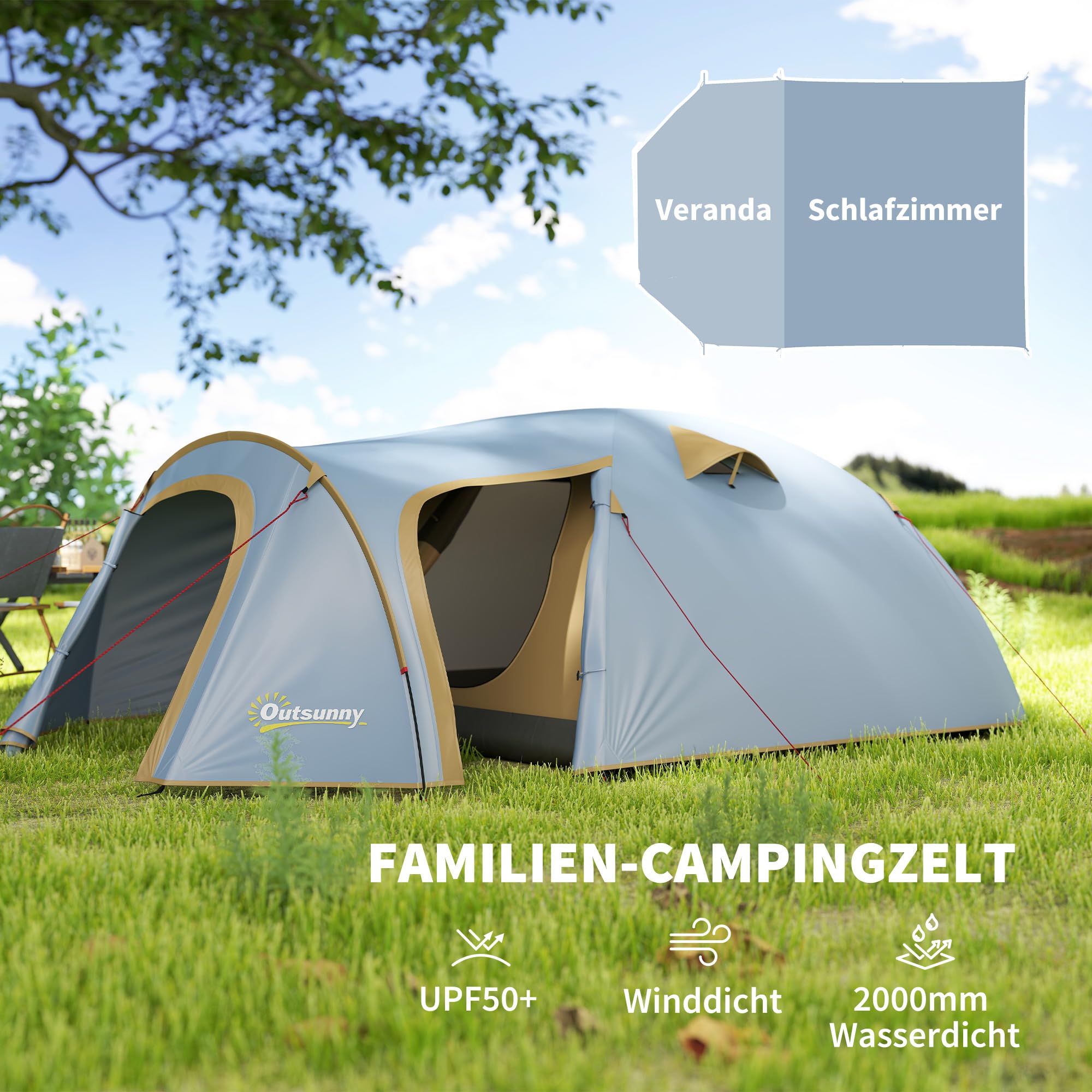 Outsunny Tenda da campeggio per 4 persone, impermeabile, con 2 ante ganci, per campeggio, viaggi, trekking, giardino