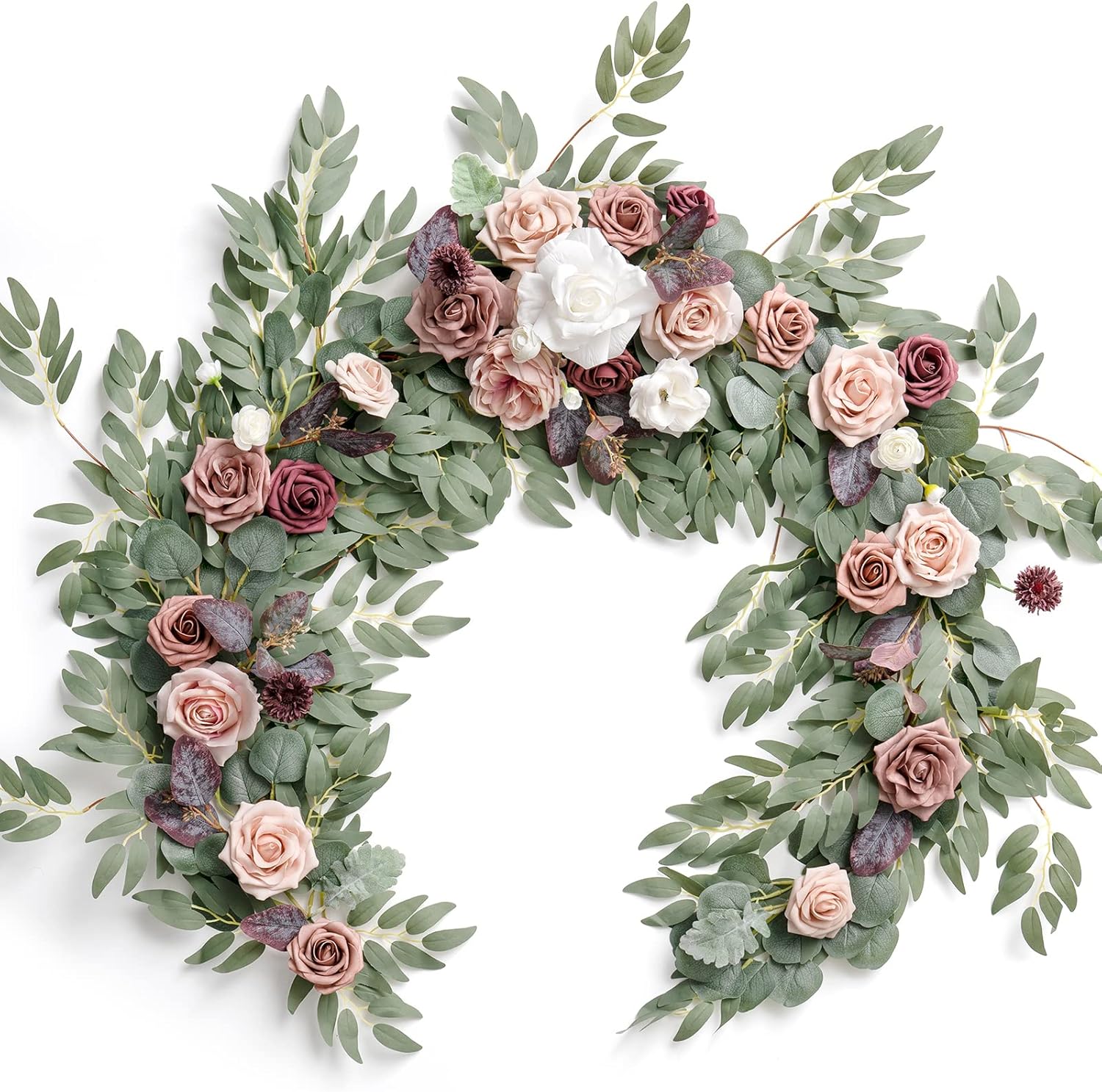 Ling's moment Flower Garland - 6FT Eucalyptus & Rose - Sweetheart Table Decor for Wedding Reception, Artificial Floral Garland for Mantle, Thanksgiving, Christmas Decoration, Blush Powder Blue