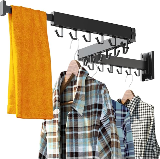 Clothes Drying Rack,Laundry Drying Rack,Wall Mounted Clothes Rack,Clothes Hanger Rack,Laundry Rack Wall Mount,Folding,Retractable,Collapsible,Laundry Room Organization(J Shape Hooks)