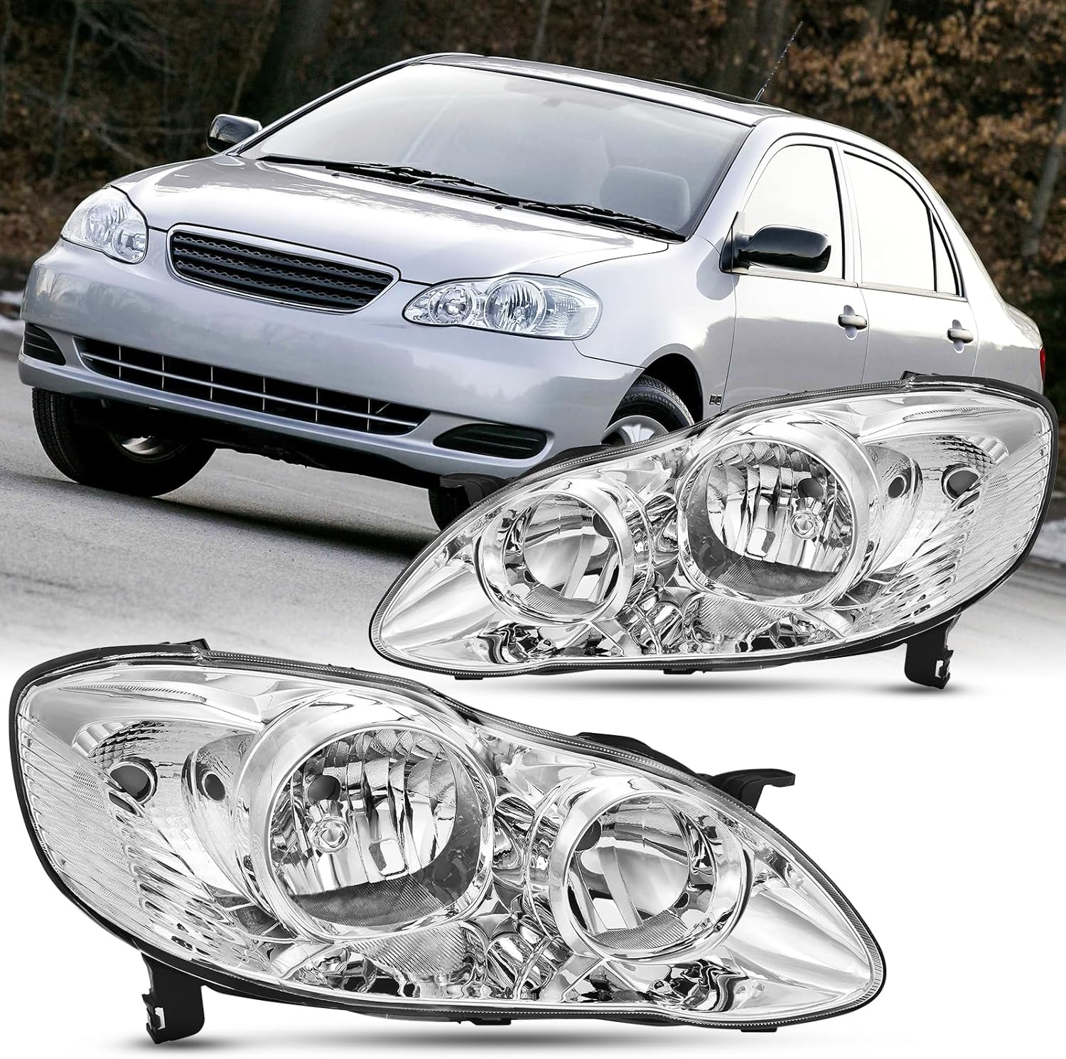 2PCS Headlight Assembly Set For 2003 2004 2005 2006 2007 2008 Toyota Corolla CE LE S Replacement Headlamps Driver and Passenger Side Chrome Housing Clear Reflector and Lens