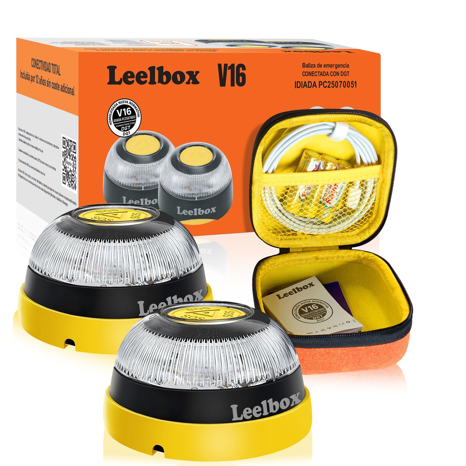 Beacon V16 Approved DGT 3.0 (with Suction Cup + Protective Case + USB/Type C Cable + Battery), with Geolocation Approved V16 Approved Dgt, with Built-in Sim Card up to 2038-2PCS.