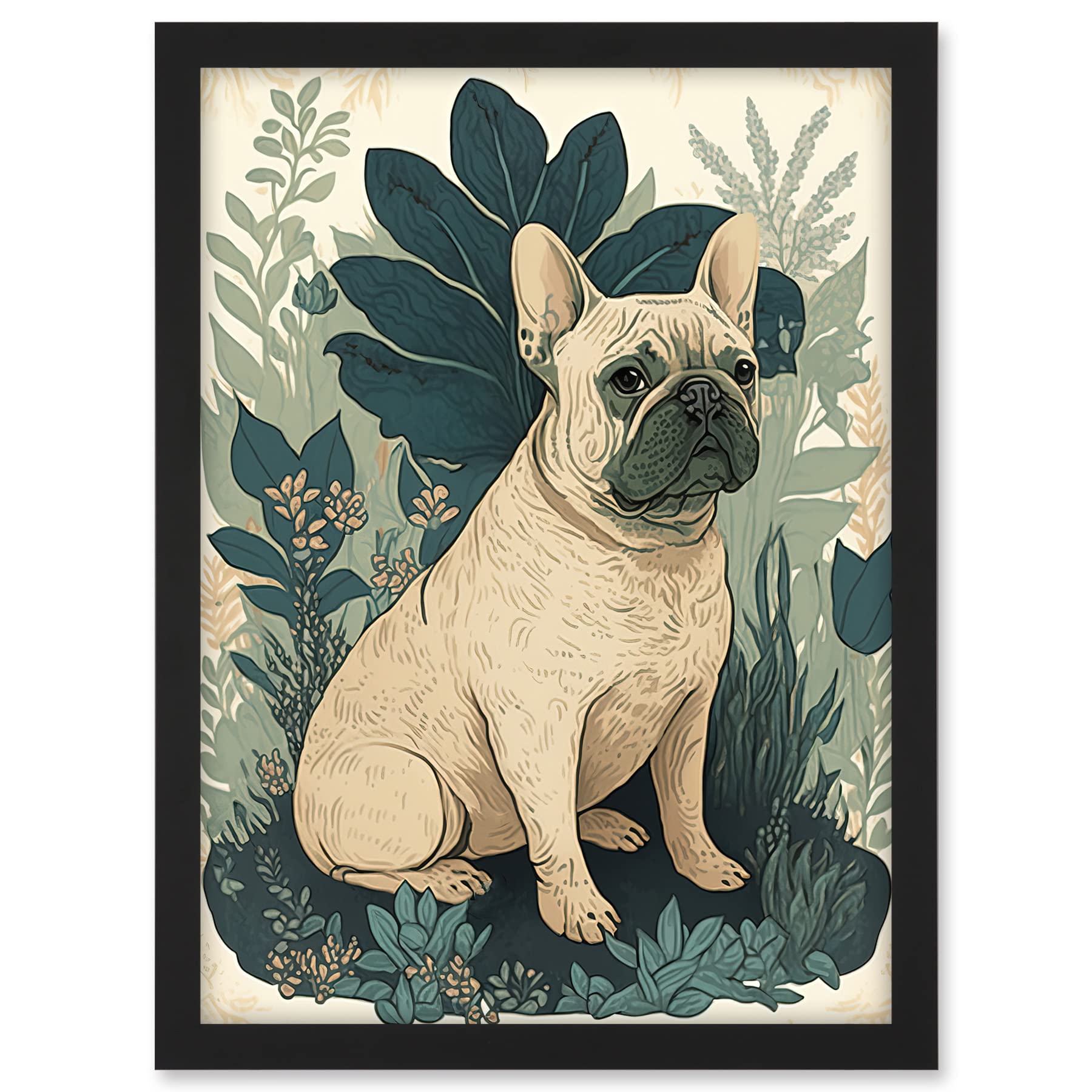 Artery8 French Bulldog and Tropical Plants Modern Pastel Colour Boho Illustration Artwork Framed A3 Wall Art Print