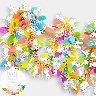TURNMEON 5 String Easter Egg Bunny Garland Decorations, Total 50 Ft Colorful Easter Tinsel Garland Metallic Streamer Glitter Twist Hanging Decorations for Easter Party Tree Decor, Each 10 Ft by 5"