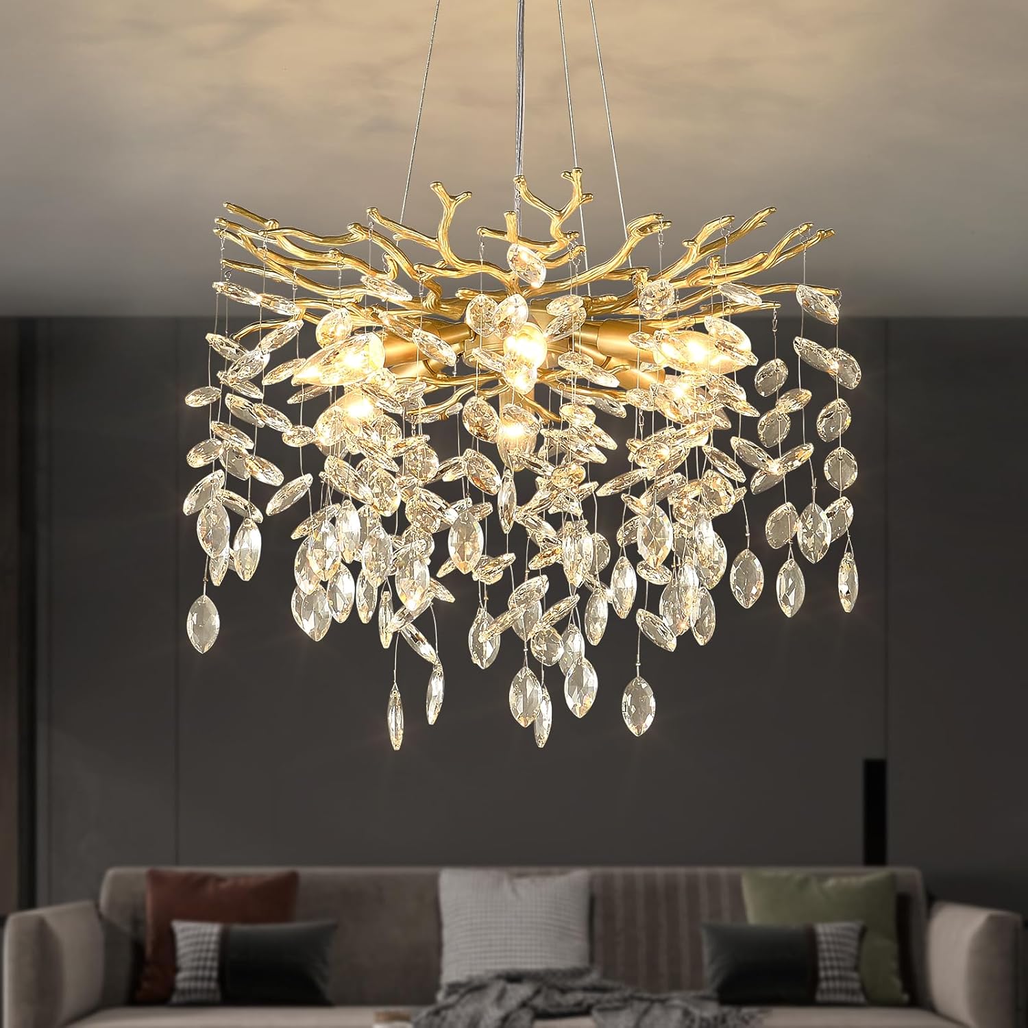 EGM Gold Tree Branch Crystal Chandelier 18-Inch, Crystal Chandelier for Dining Room 6-Light, Hanging Round Raindrop Chandeliers for Living Room E12