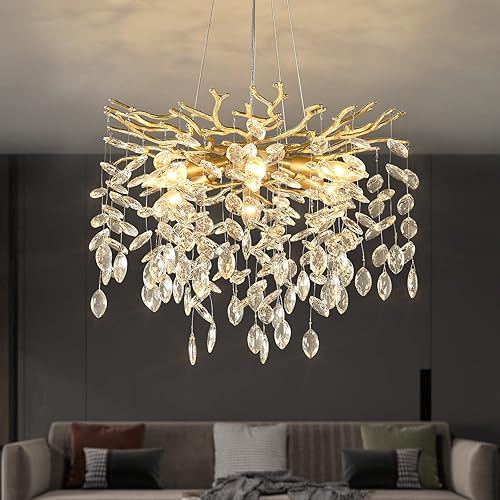 EGM Gold Tree Branch Crystal Chandelier 18-Inch, Crystal Chandelier for Dining Room 6-Light, Hanging Round Raindrop Chandeliers for Living Room E12